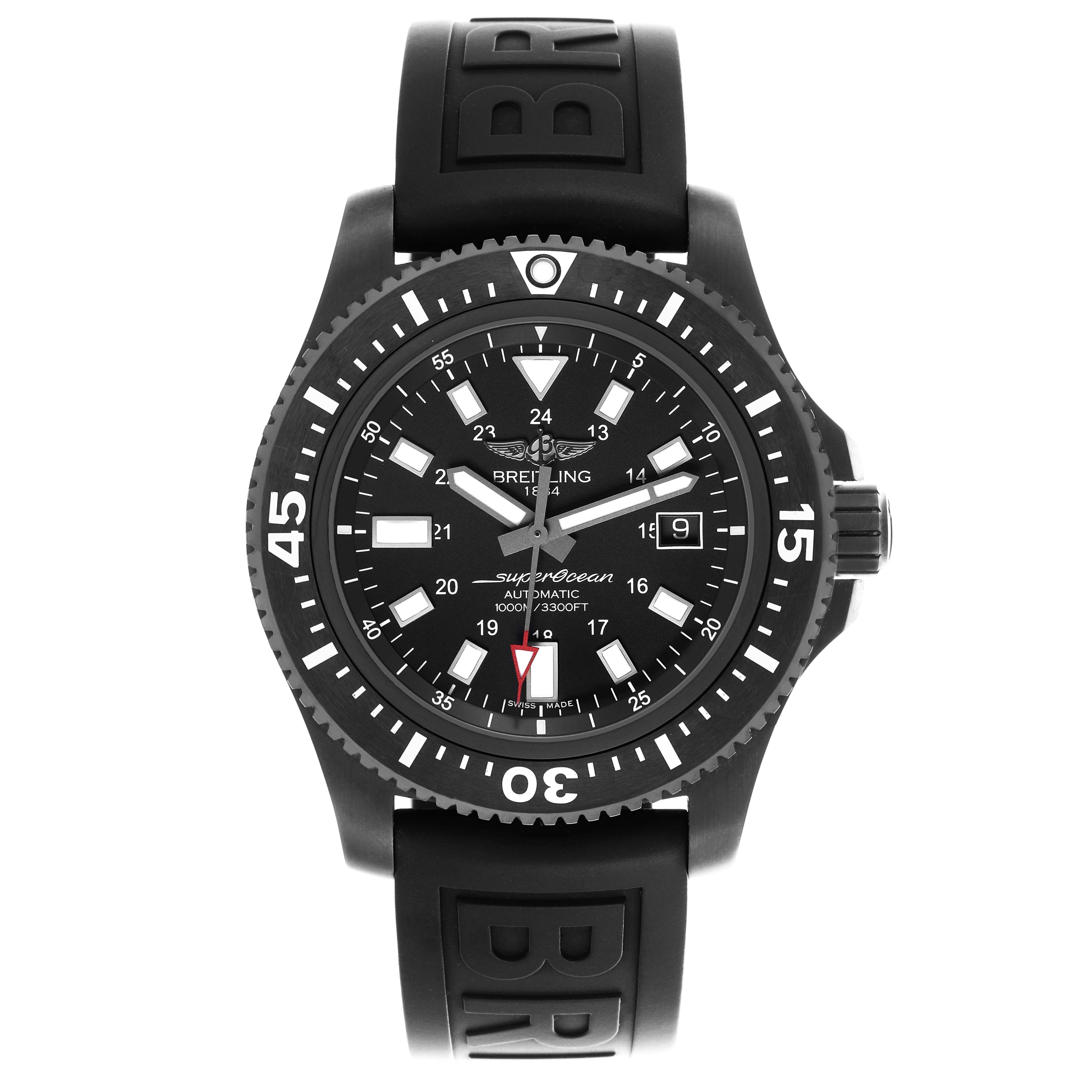 The Breitling Superocean M17393 Men's Stainless Steel Black Dial watch is shown from the front, displaying the dial, bezel, and rubber strap.