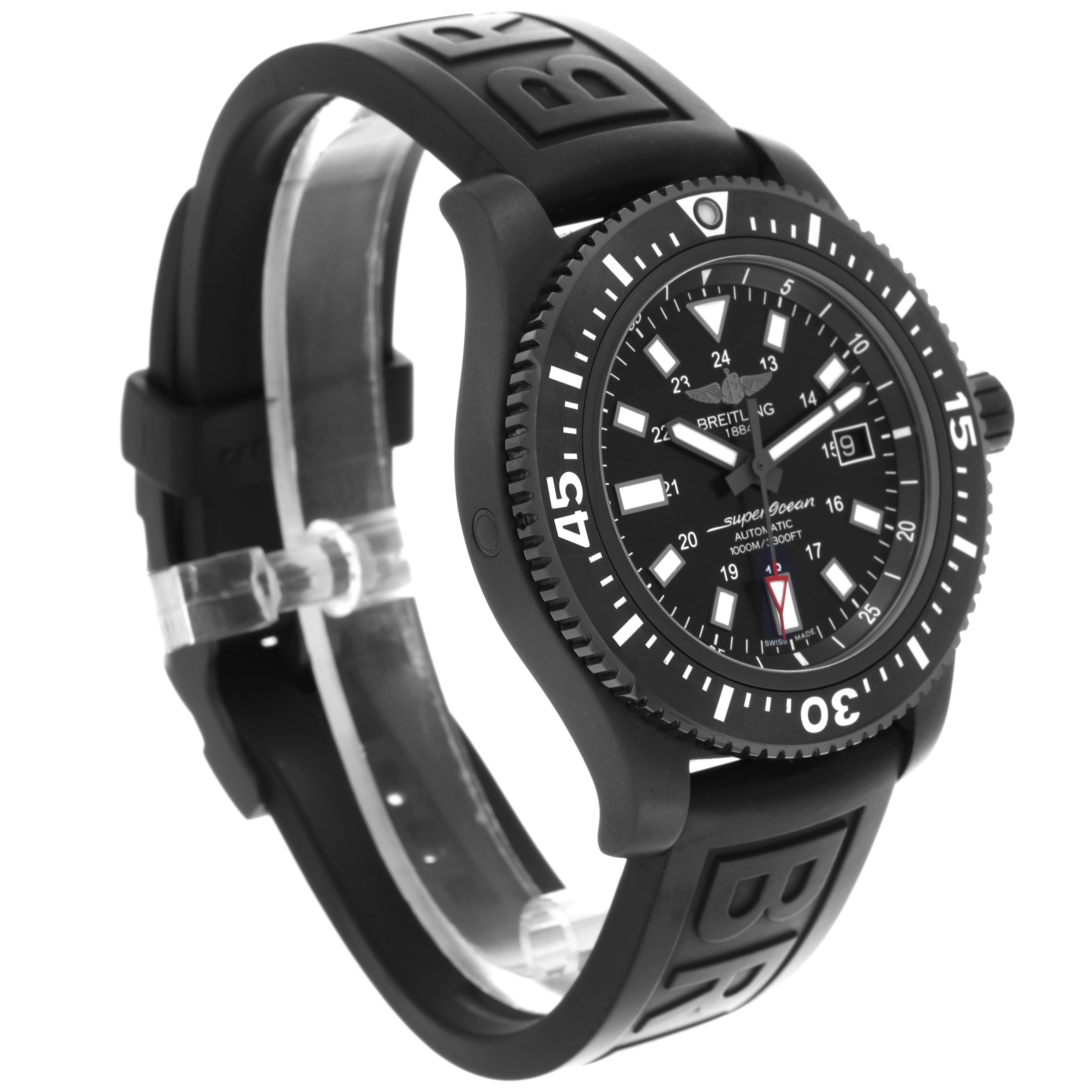 The Breitling Superocean M17393 Men's Stainless Steel Black Dial watch is shown at a side angle, highlighting its black bezel, dial, and rubber strap.