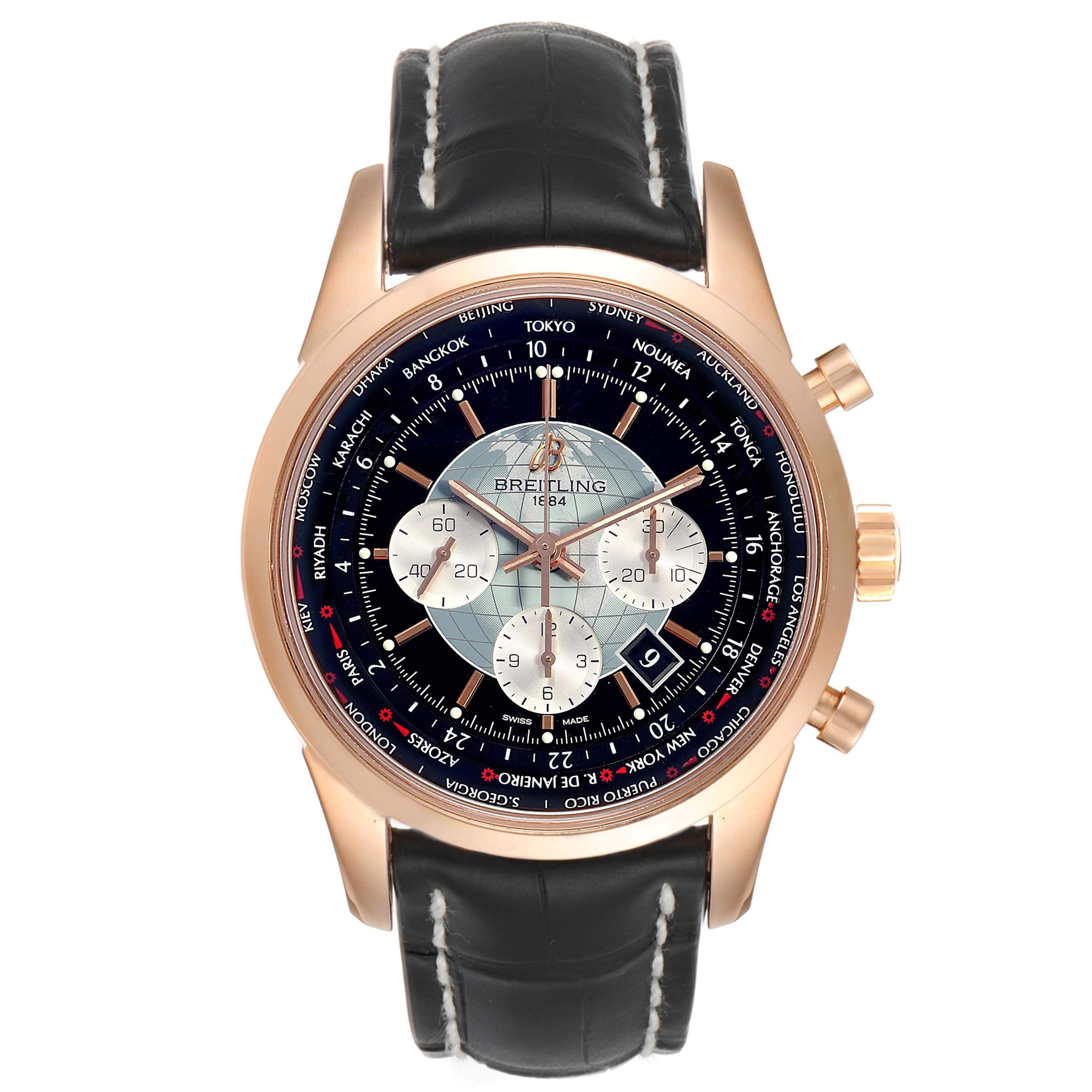 This is a front view of the Breitling Transocean RB0510U4-BB63BKLD Men's Rose Gold Black Dial RB0510U4-BB63BKLD Men's Rose Gold Black Dial watch showing the dial, case, and leather strap.