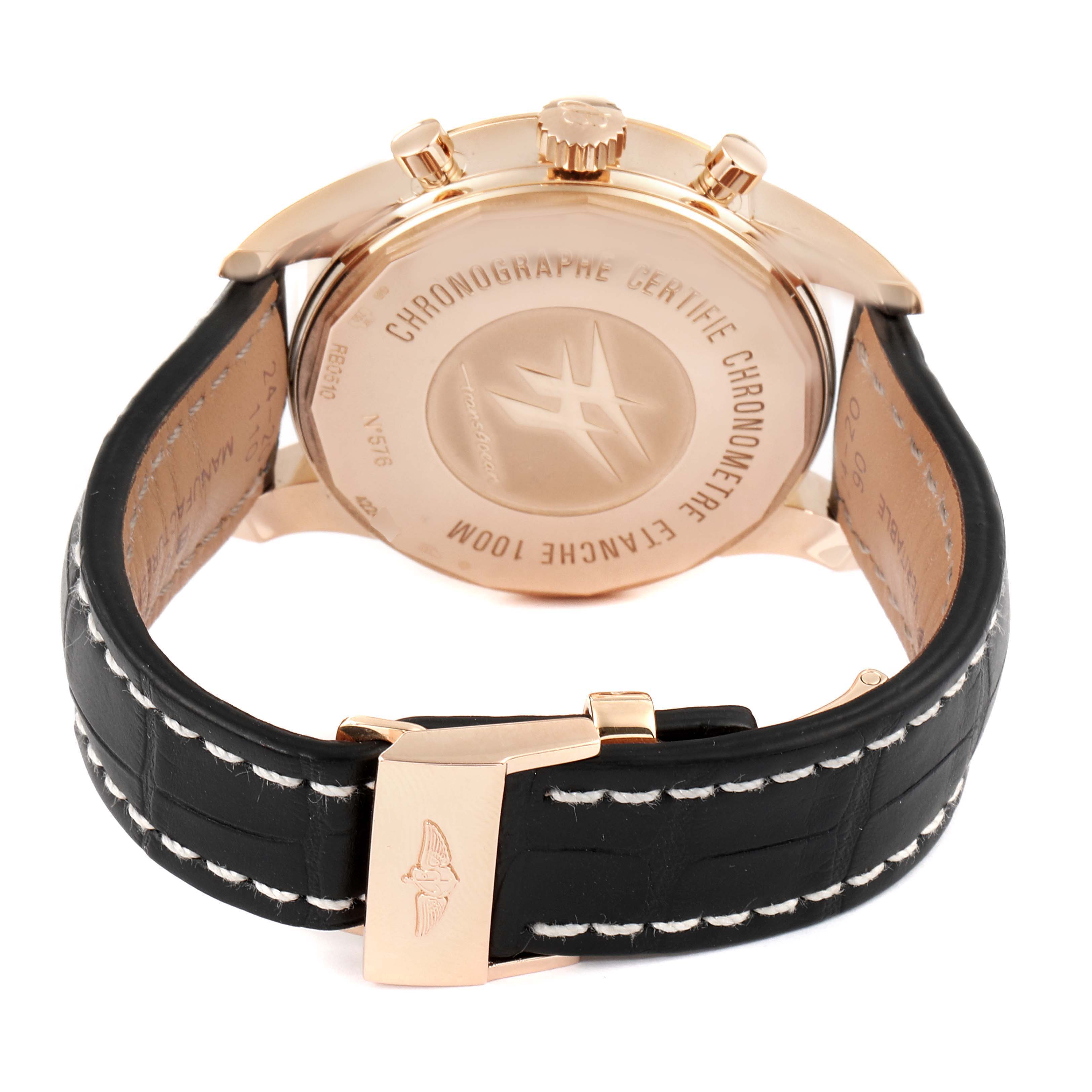 The image shows the back case, strap, and clasp of the Breitling Transocean RB0510U4-BB63BKLD Men's Rose Gold Black Dial RB0510U4-BB63BKLD Men's Rose Gold Black Dial watch from a slight rear angle.