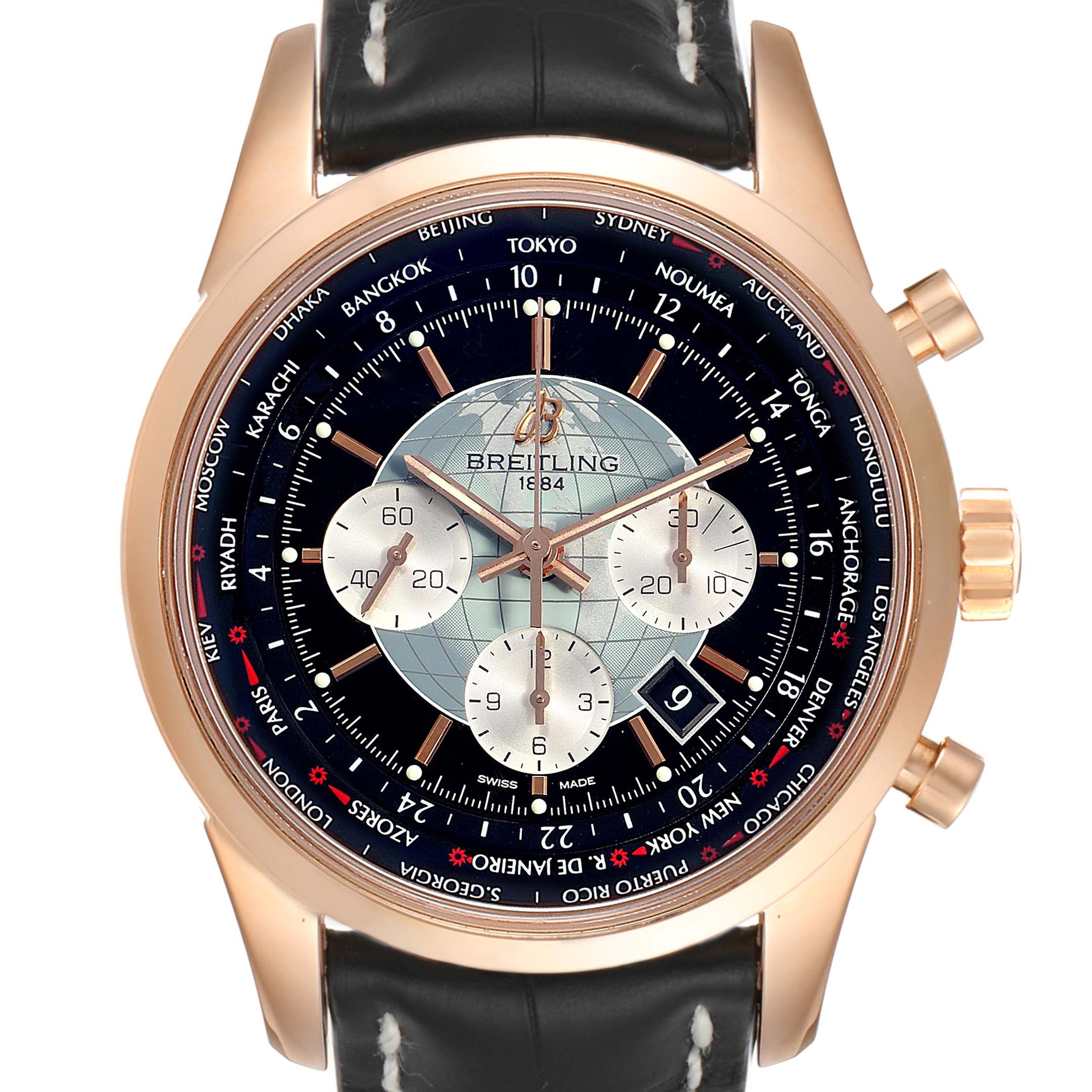 The image shows a front view of a Breitling Transocean RB0510U4-BB63BKLD Men's Rose Gold Black Dial RB0510U4-BB63BKLD Men's Rose Gold Black Dial watch, highlighting its dial and leather strap.