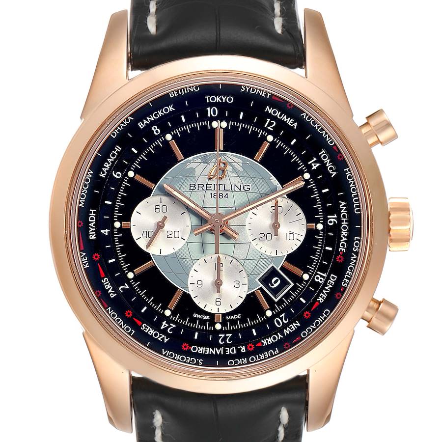 Breitling Transocean Chronograph Unitime Rose Gold Mens Watch RB0510 Box Papers SwissWatchExpo