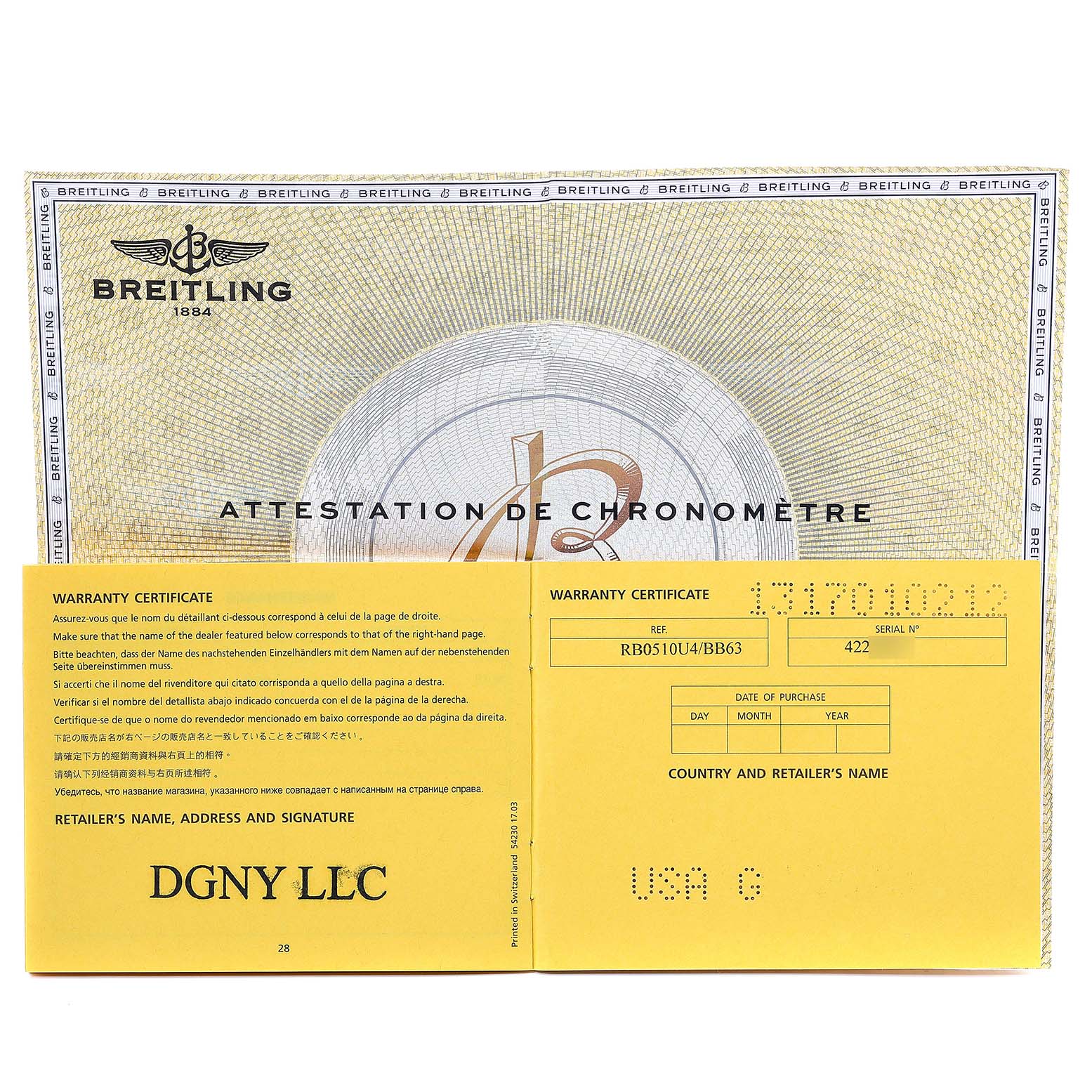 The image shows the warranty certificate for a Breitling Transocean RB0510U4-BB63BKLD Men's Rose Gold Black Dial RB0510U4-BB63BKLD Men's Rose Gold Black Dial watch model, including the retailer's details and purchase information.