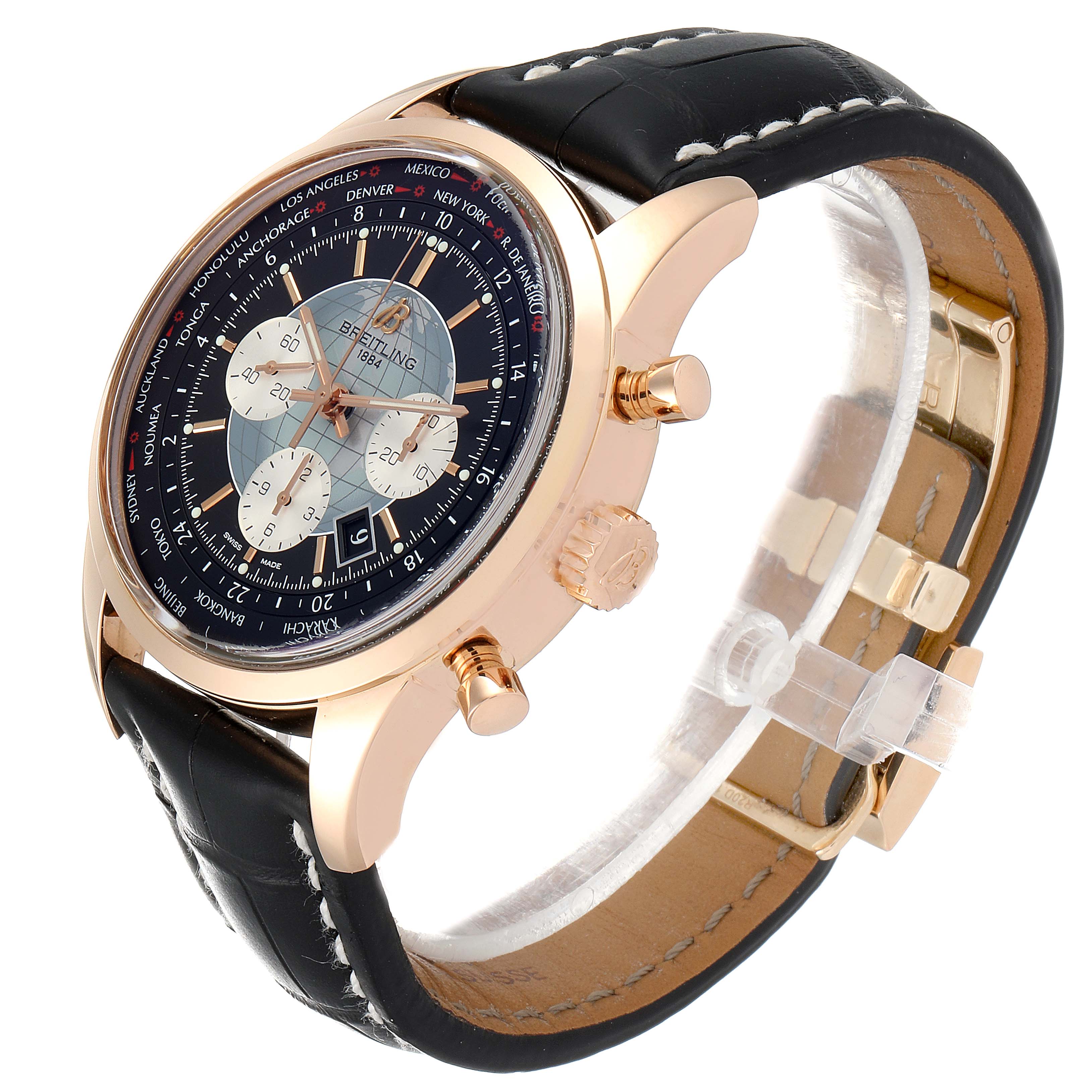 The image shows a side angle of a Breitling Transocean RB0510U4-BB63BKLD Men's Rose Gold Black Dial RB0510U4-BB63BKLD Men's Rose Gold Black Dial watch, highlighting the watch face, crown, push buttons, and leather strap.