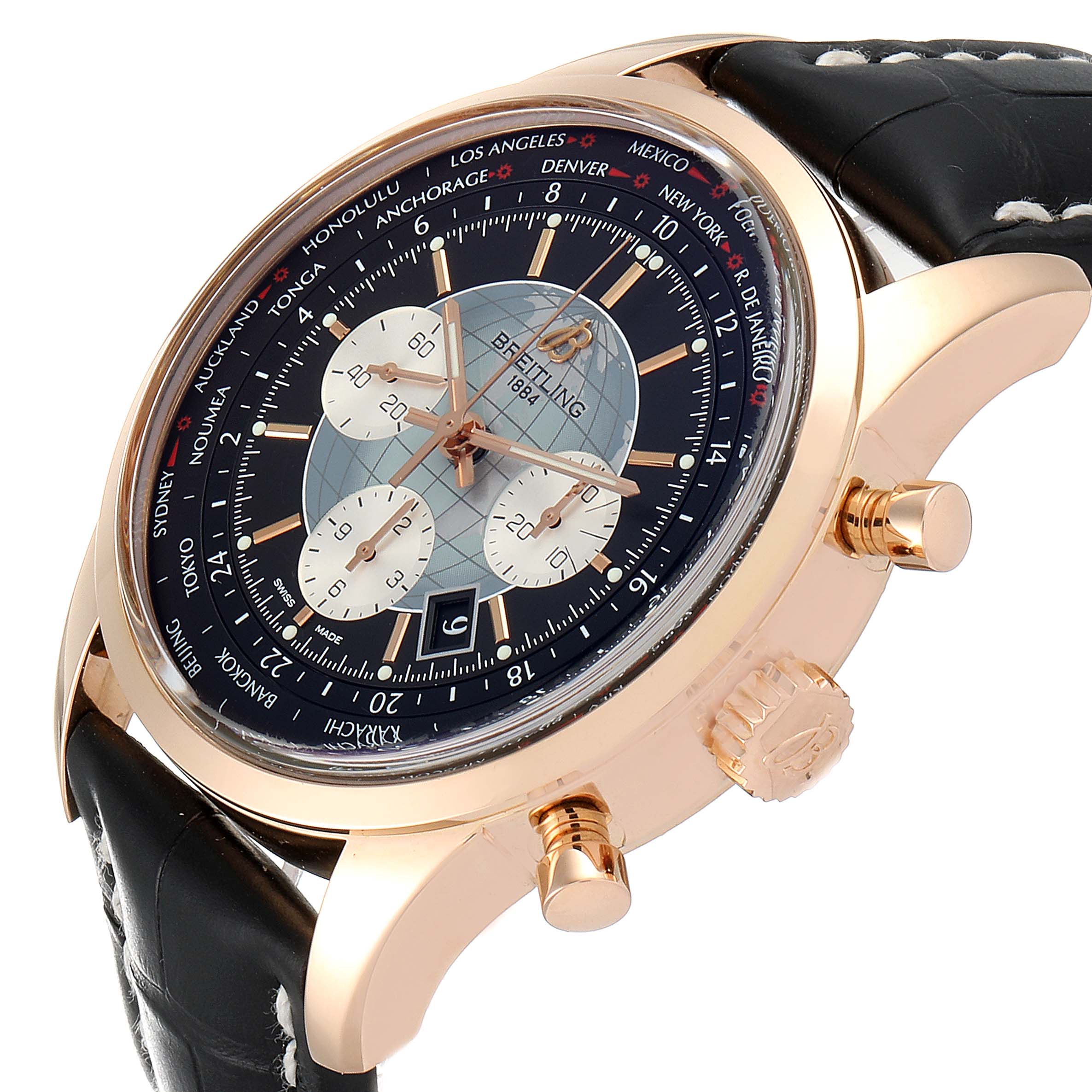 The image shows a side angle of the Breitling Transocean RB0510U4-BB63BKLD Men's Rose Gold Black Dial RB0510U4-BB63BKLD Men's Rose Gold Black Dial watch, highlighting the dial, crown, and part of the strap.
