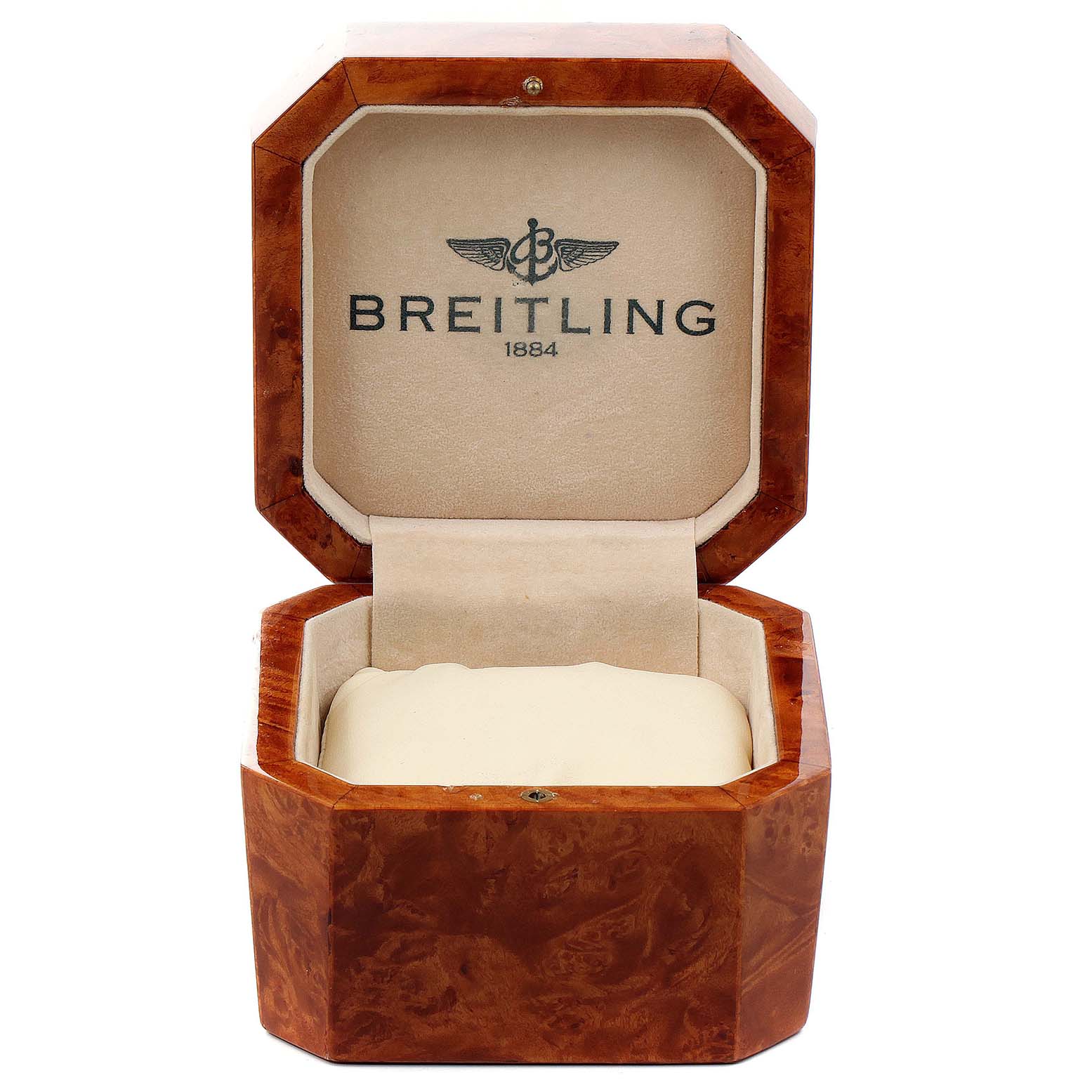 The image shows an open Breitling watch box for the Windrider model, displaying its interior cushion and logo.