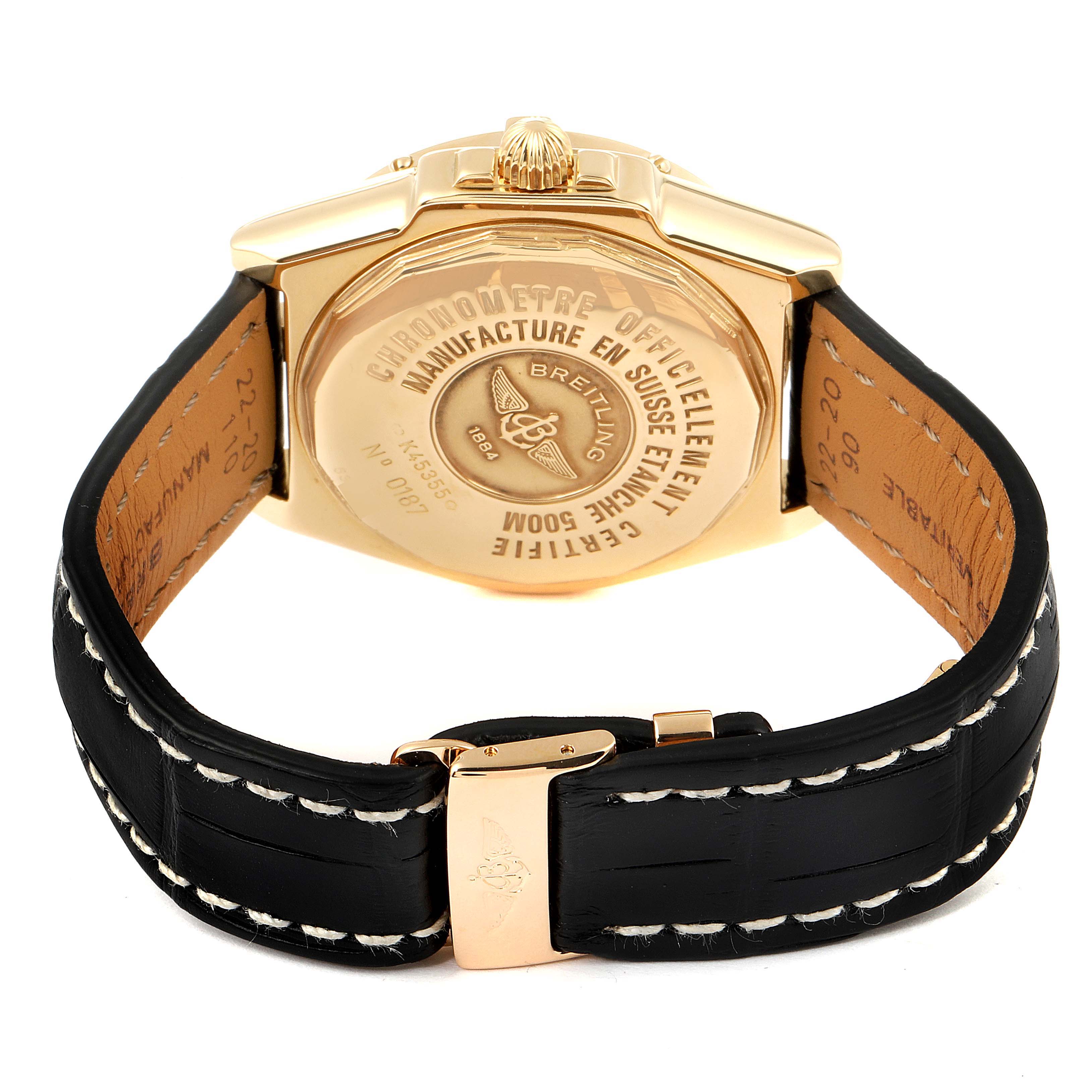 This image shows the backside and strap of the Breitling Windrider K45355 Men's Yellow Gold Black Dial K45355 Men's Yellow Gold Black Dial watch, highlighting its gold casing and black leather strap.