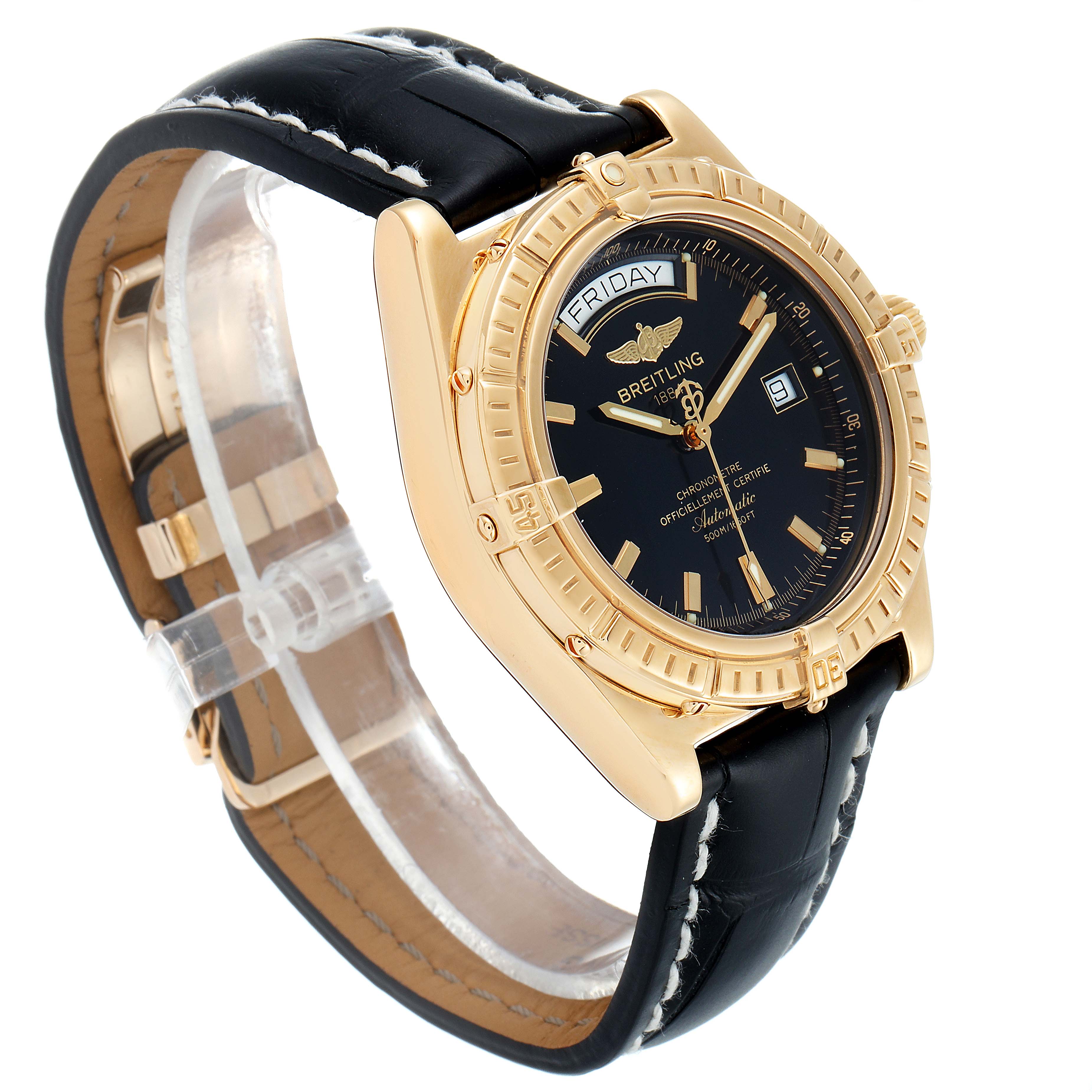 The Breitling Windrider K45355 Men's Yellow Gold Black Dial K45355 Men's Yellow Gold Black Dial watch is shown at a three-quarter angle, highlighting the face, bezel, and black leather strap.