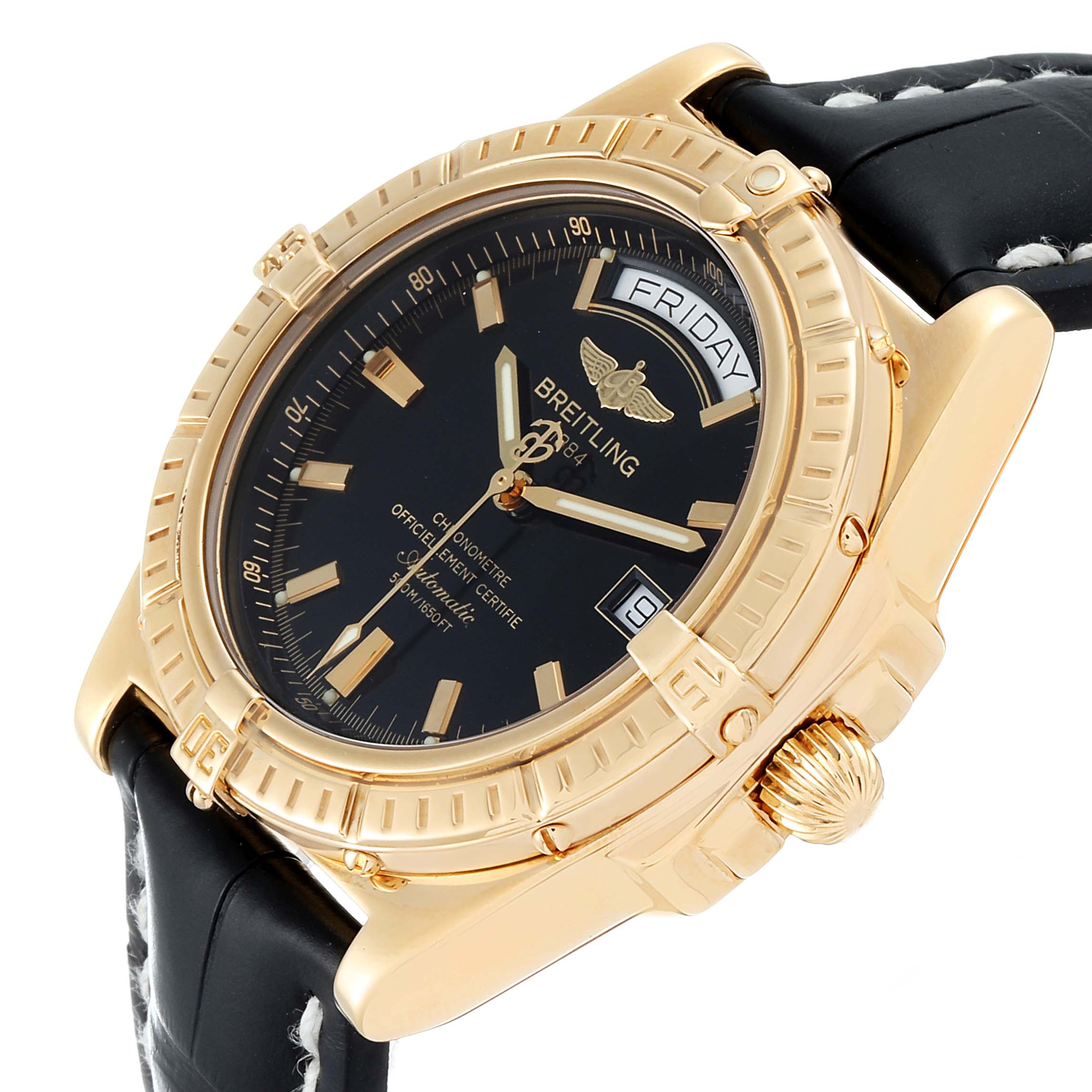 The image shows a close-up side angle of the Breitling Windrider K45355 Men's Yellow Gold Black Dial K45355 Men's Yellow Gold Black Dial watch, highlighting the dial, bezel, crown, and part of the strap.