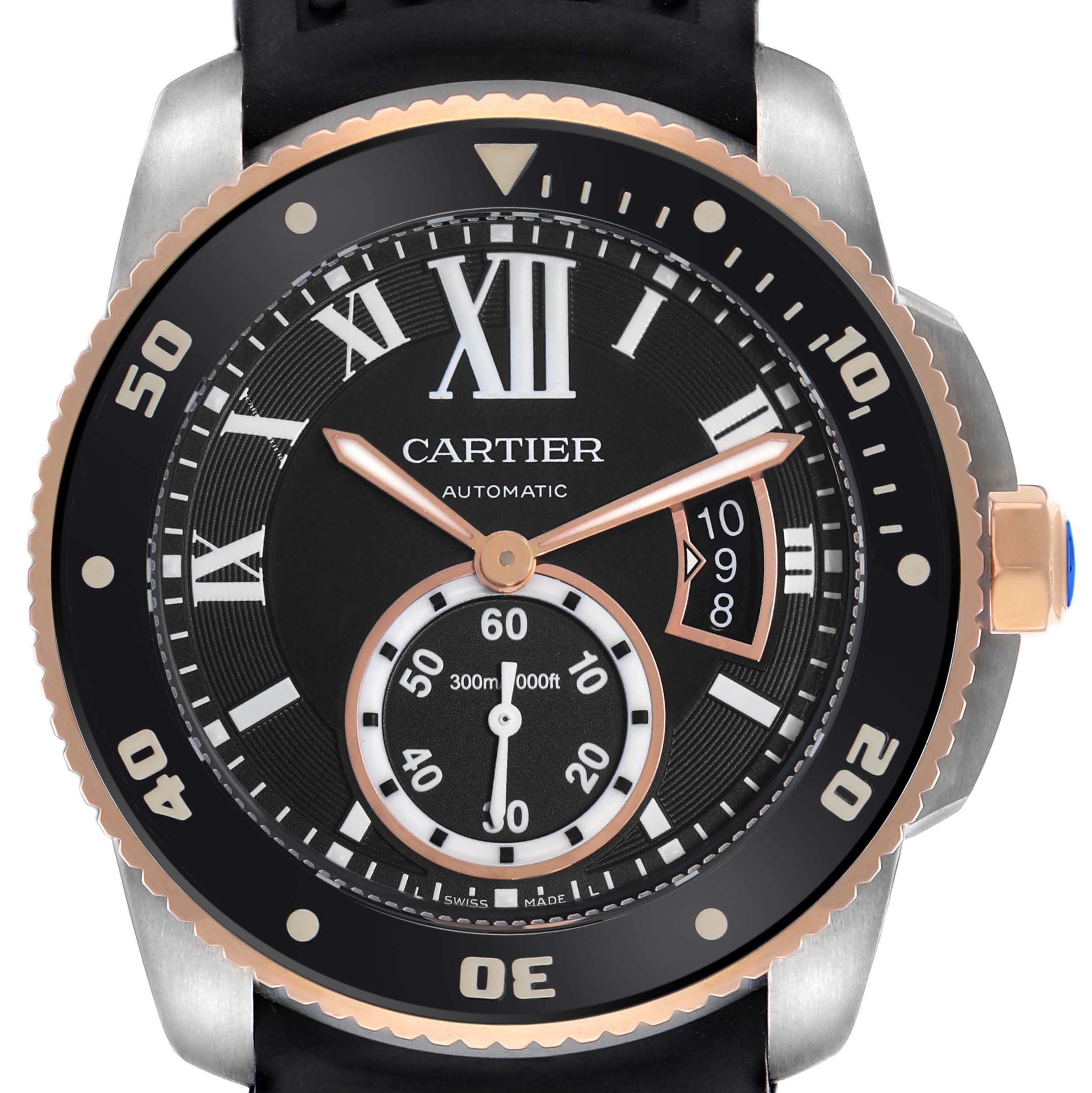 The image shows a front view of the Calibre de Cartier watch, highlighting its dial, bezel, hands, and crown.