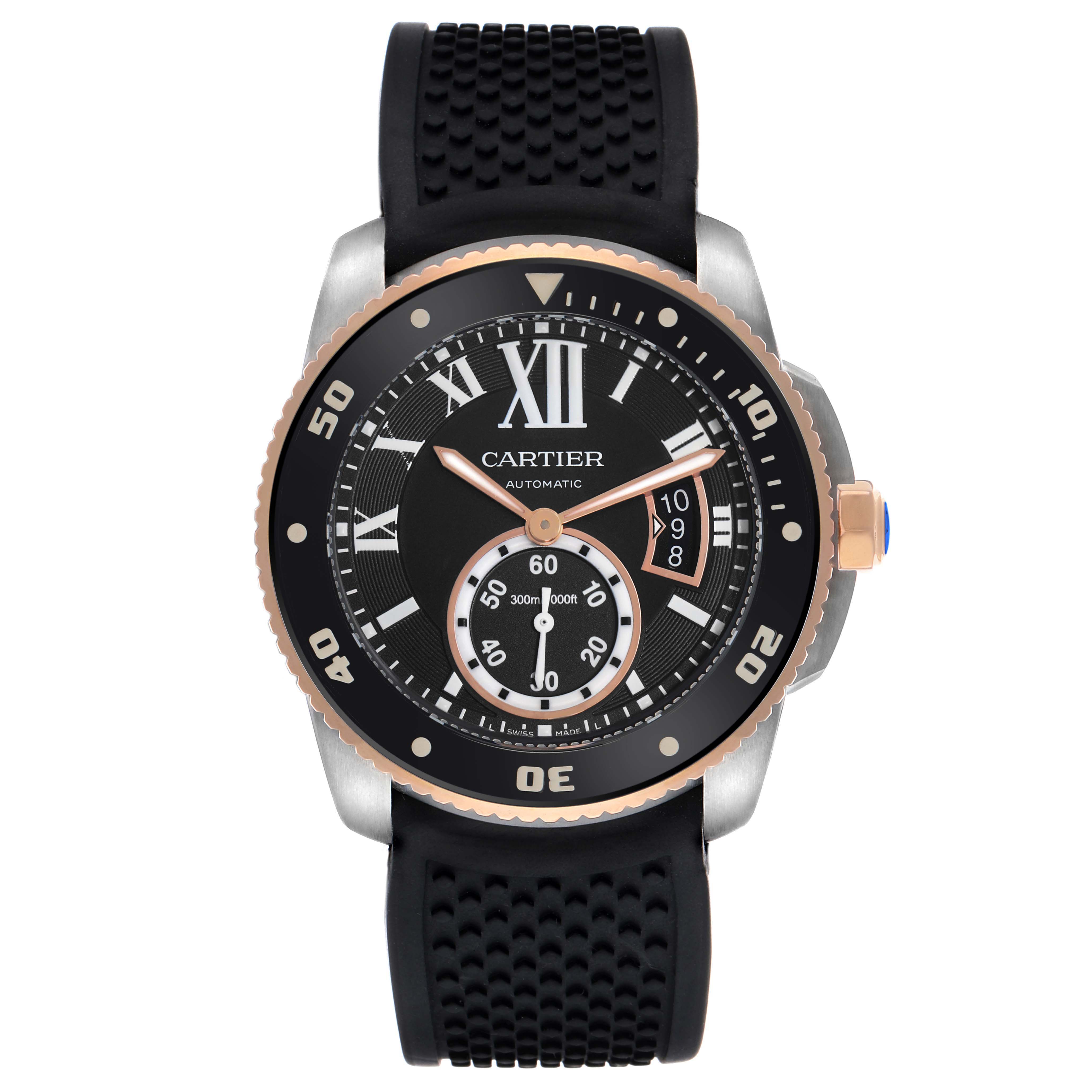 The Calibre de Cartier watch is shown from a front angle, highlighting its dial, bezel, and strap.