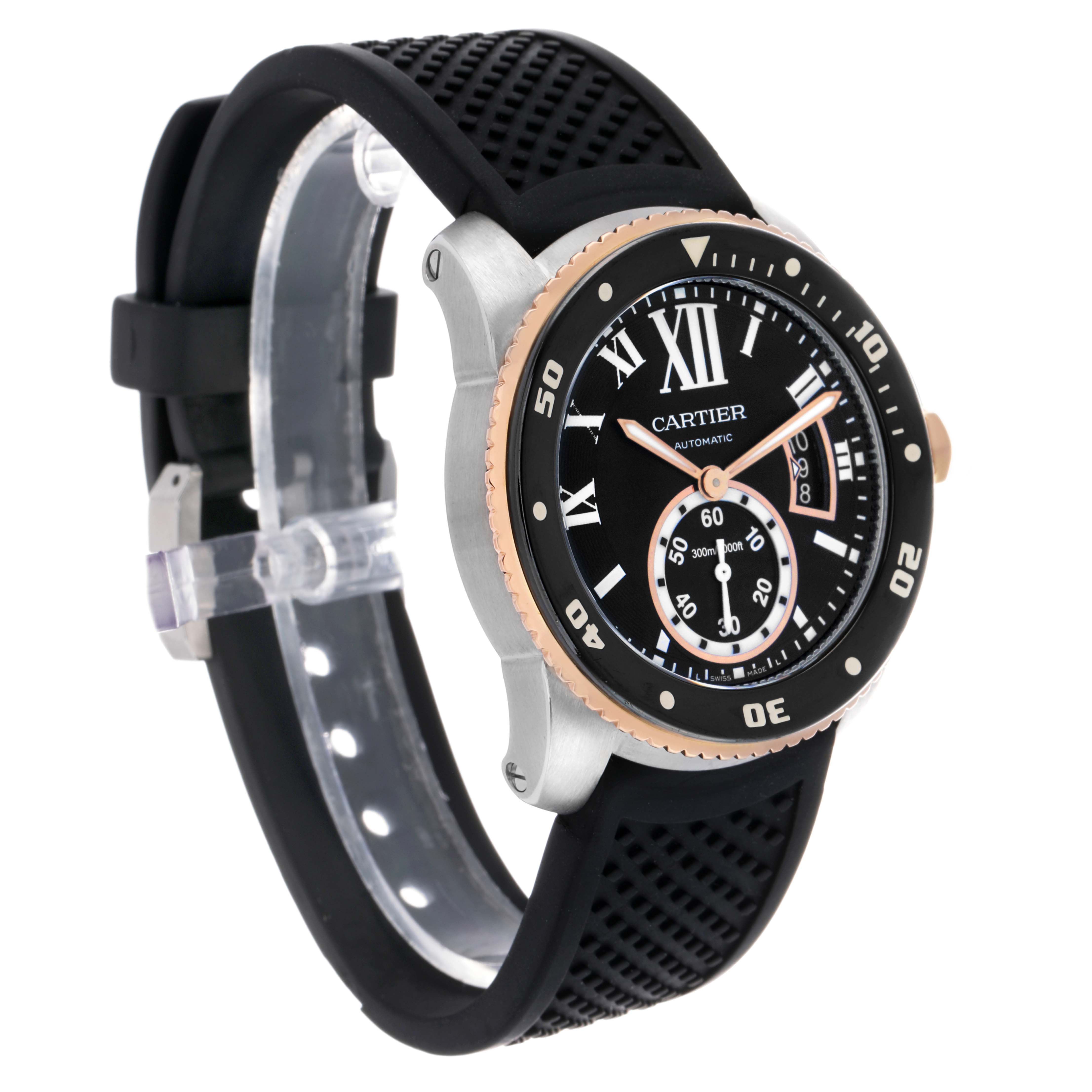 The Calibre de Cartier watch is shown at a three-quarter angle highlighting the bezel, dial, and black strap.