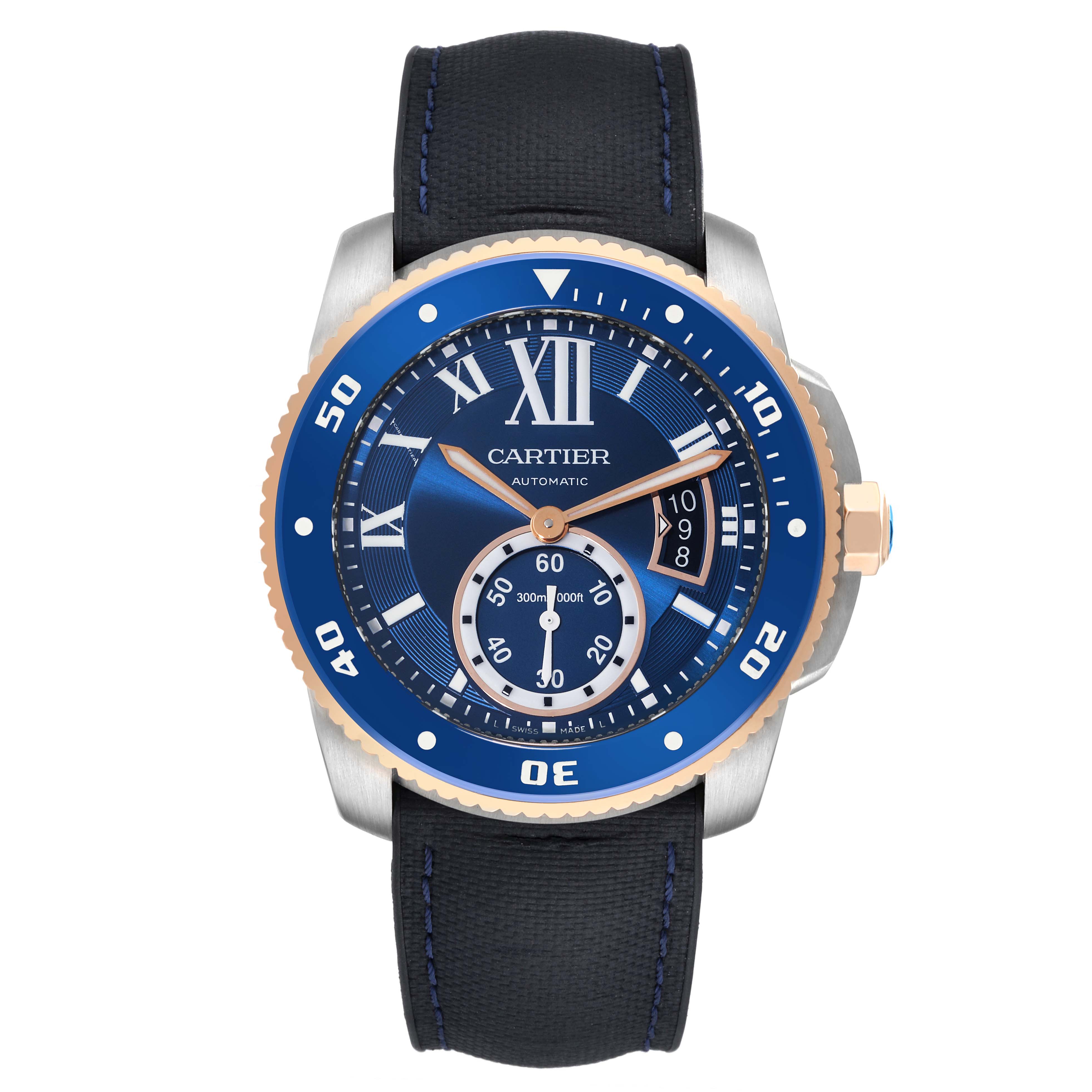 The image shows a front view of the Calibre de Cartier automatic watch by Cartier, displaying its blue dial, date window, and leather strap.