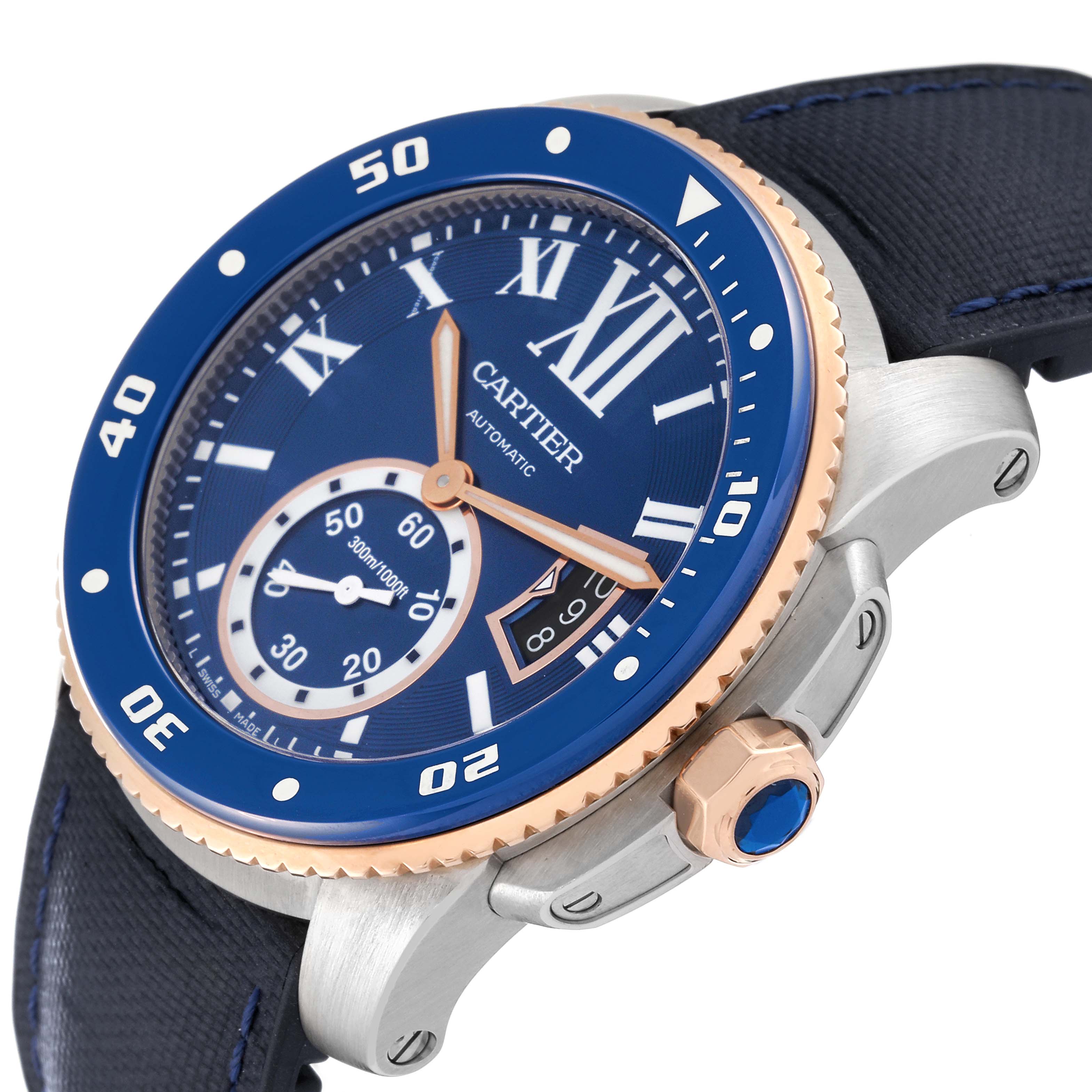 The image shows a close-up angle of the face and side profile of the Calibre de Cartier watch by Cartier.