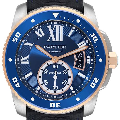 Photo of Cartier Calibre Diver Steel Rose Gold Blue Dial Mens Watch W2CA0008 Card