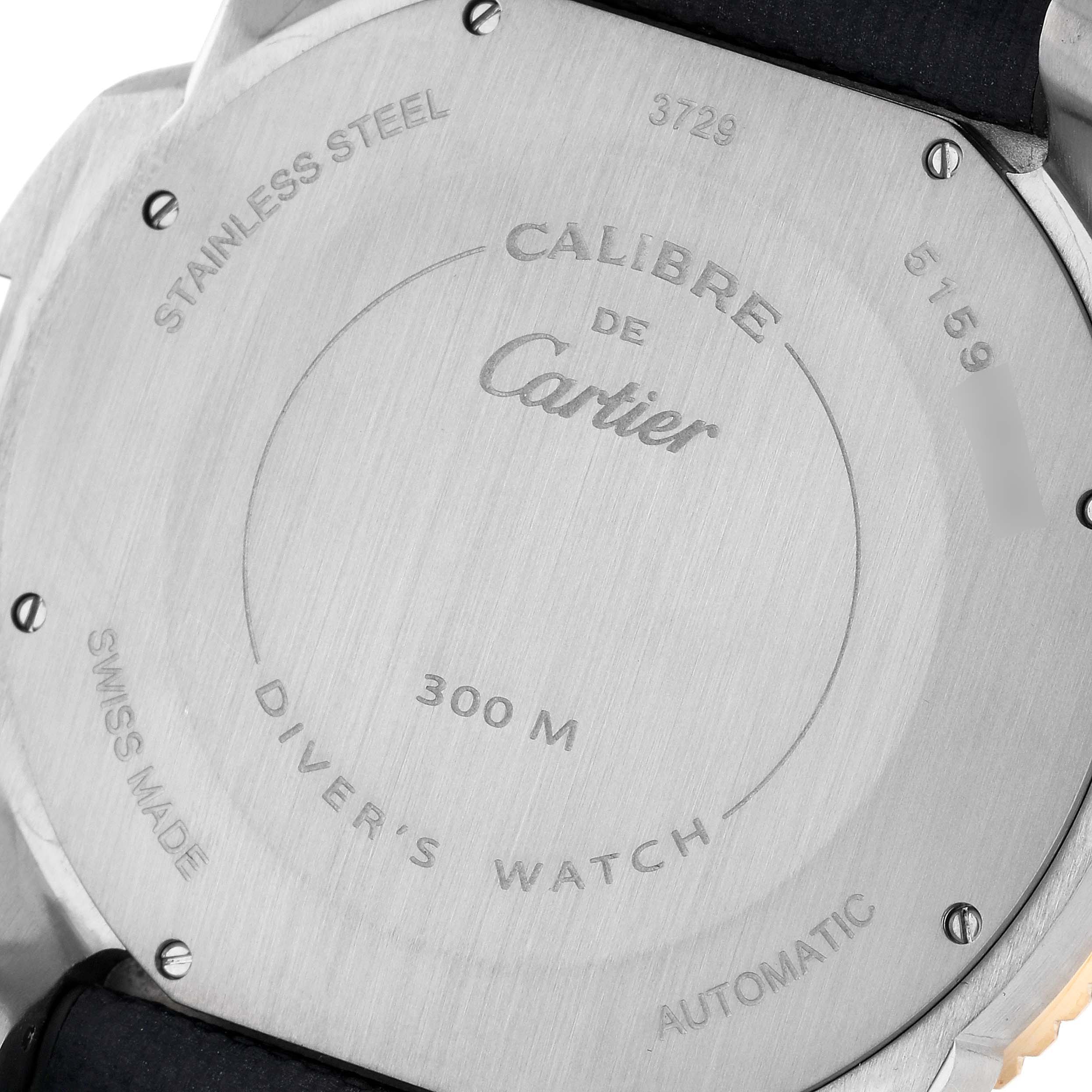 The image shows the back cover of a Calibre de Cartier diver's watch by Cartier, highlighting its specifications.