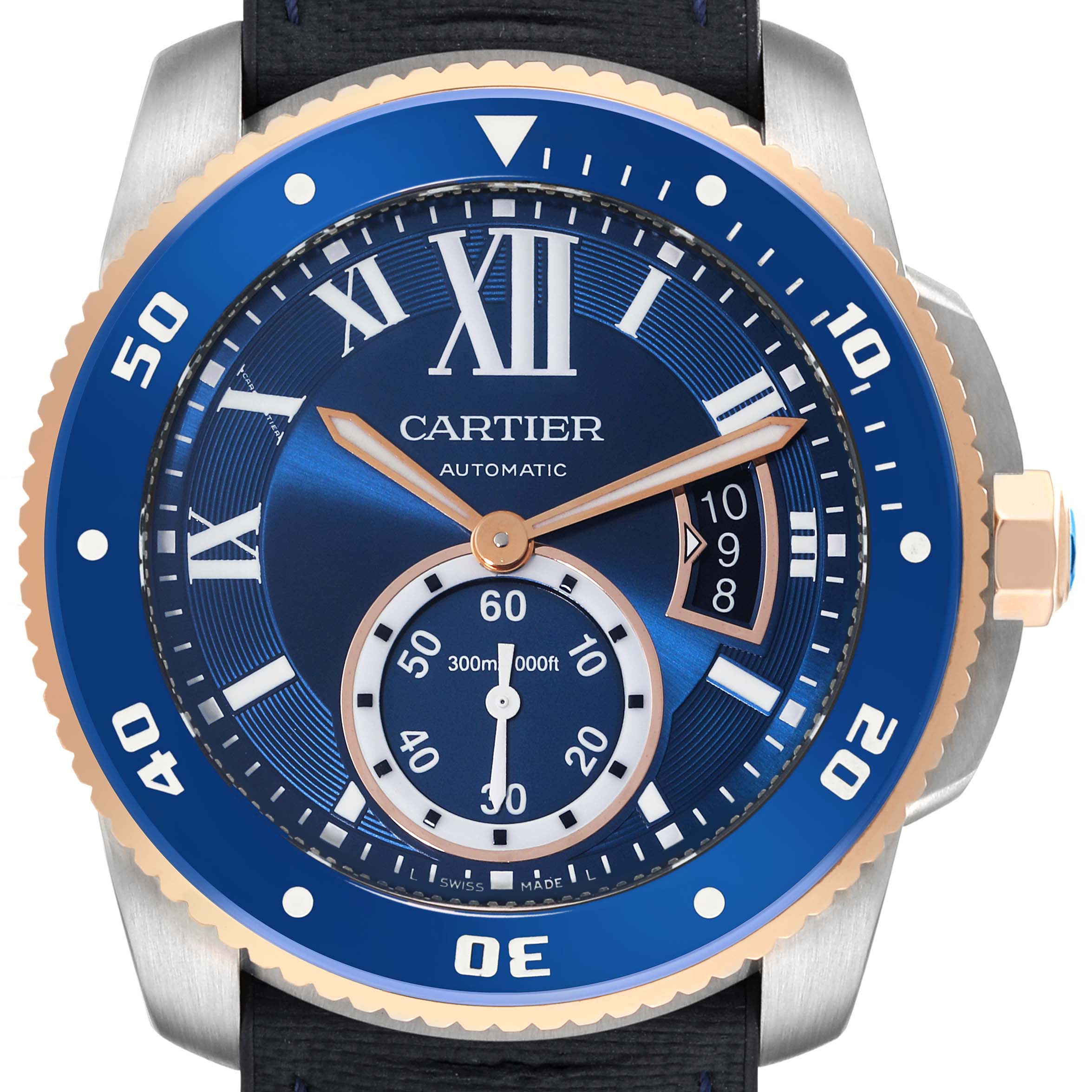 The Calibre de Cartier watch by Cartier is shown from the front, displaying its blue dial, bezel, hands, and sub-dial.