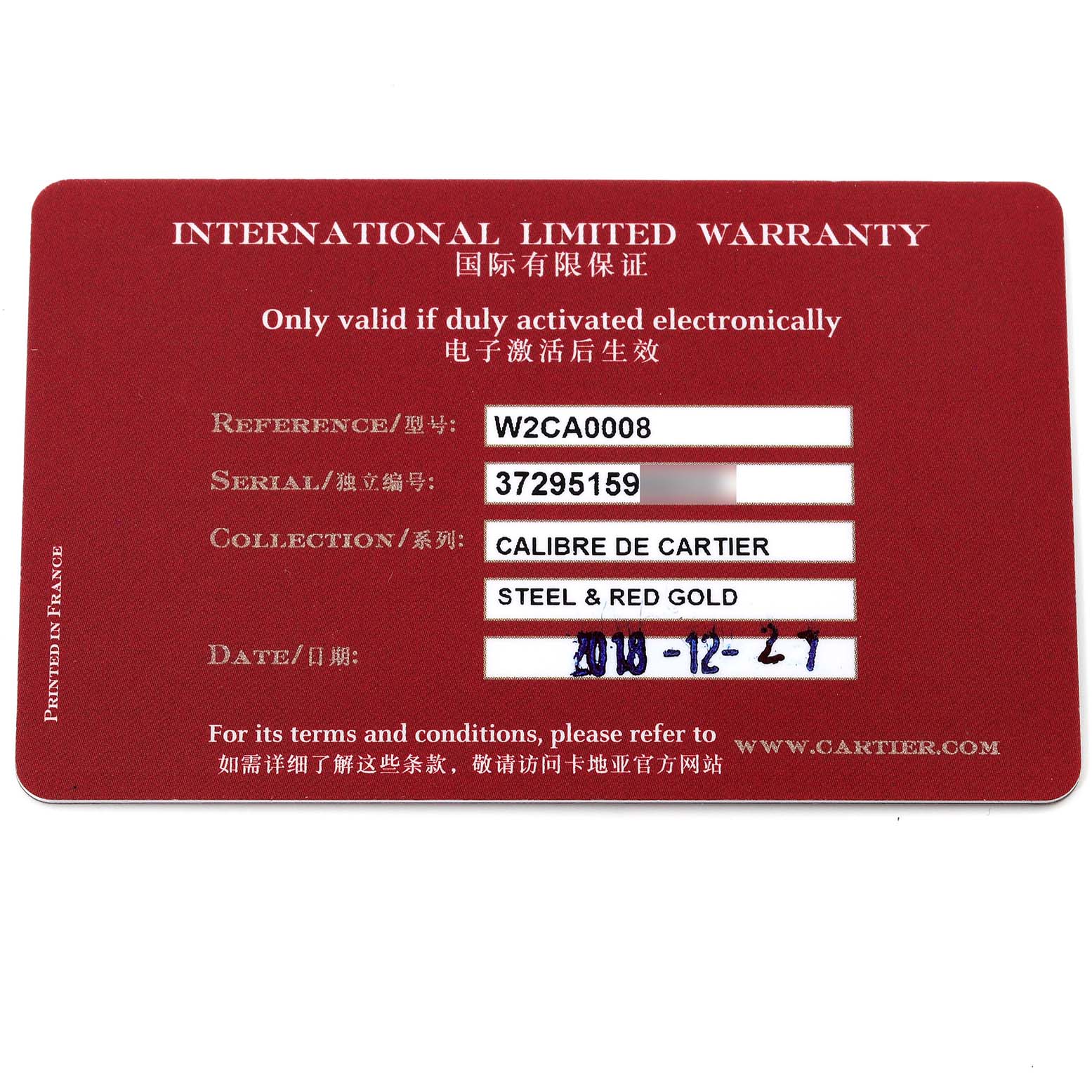 The image shows the warranty card for the Calibre de Cartier model by Cartier, including reference, serial number, and purchase date.