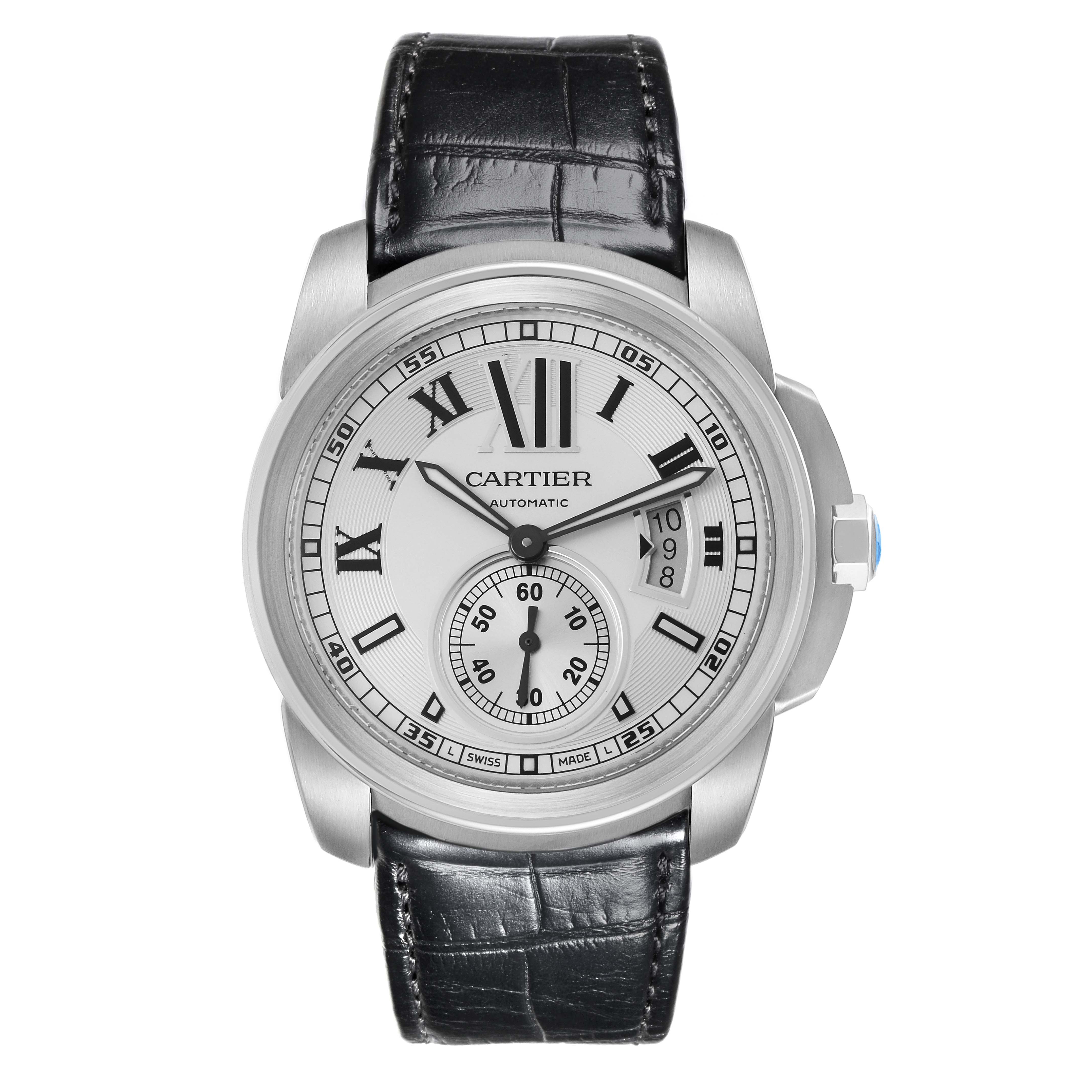 This image shows a Calibre de Cartier watch by Cartier from a front angle, highlighting the face, Roman numerals, and leather strap.