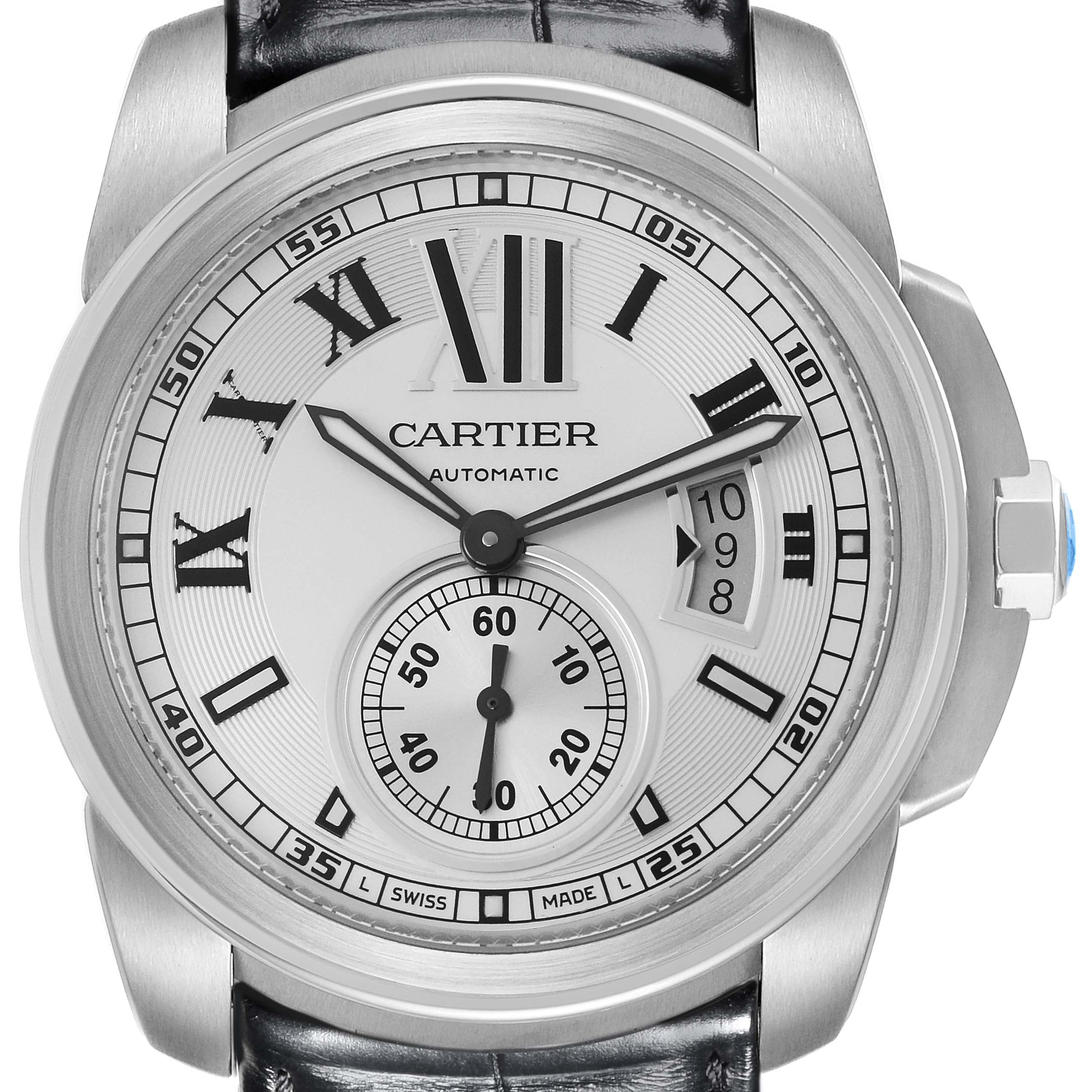The Calibre de Cartier watch is shown from a front angle, displaying its dial, hands, and date window.
