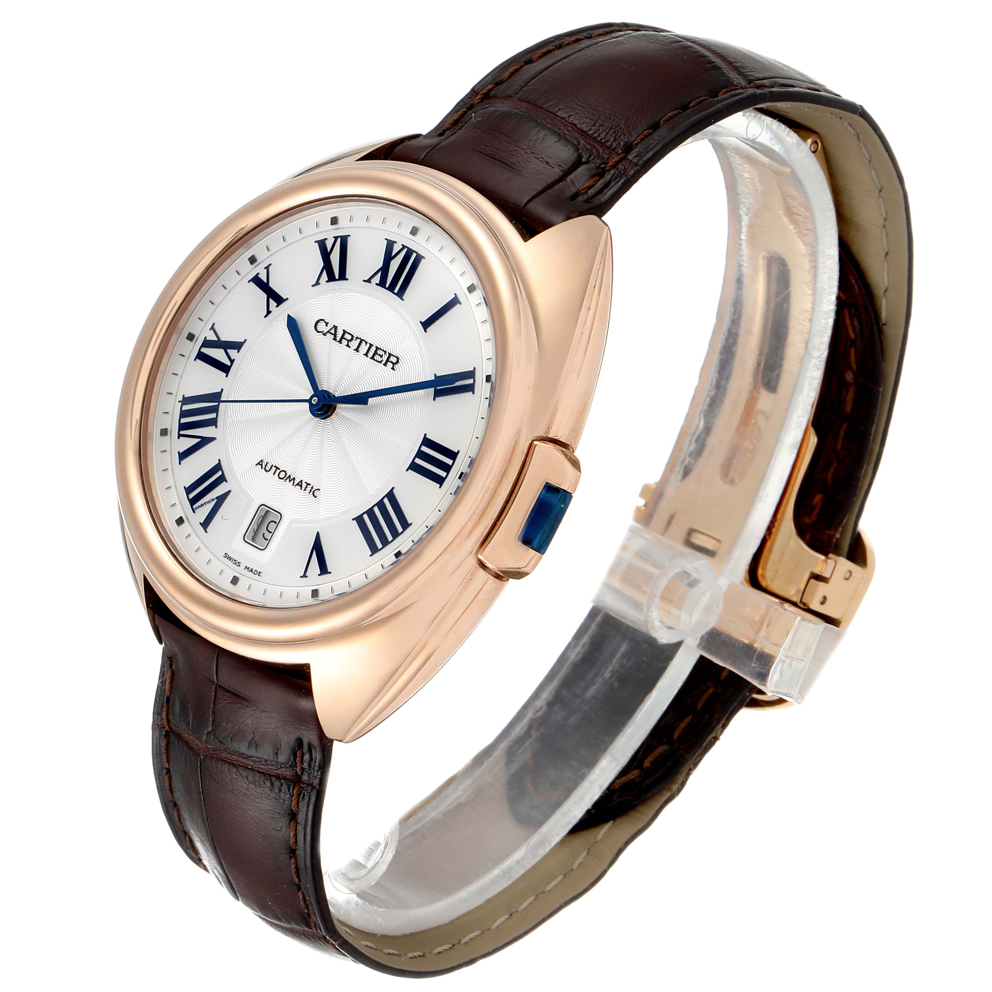 This image shows a Cartier Cle WGCL0004 Men's Rose Gold Silver Dial WGCL0004 Men's Rose Gold Silver Dial model watch at a three-quarter angle, displaying the dial, case, crown, and strap.