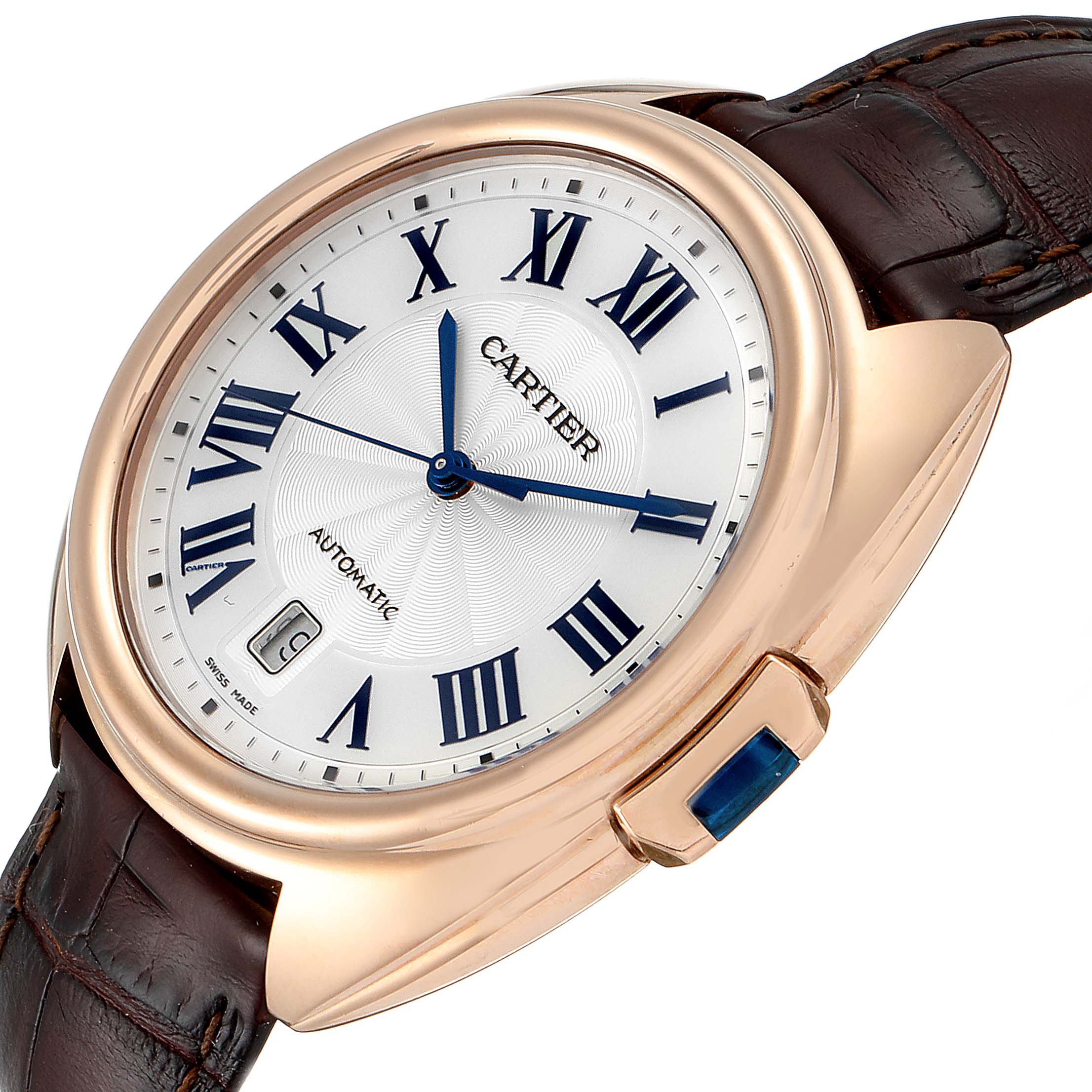 The image shows a side view of the Cartier Cle WGCL0004 Men's Rose Gold Silver Dial WGCL0004 Men's Rose Gold Silver Dial model watch, displaying the dial, crown, and part of the leather strap.