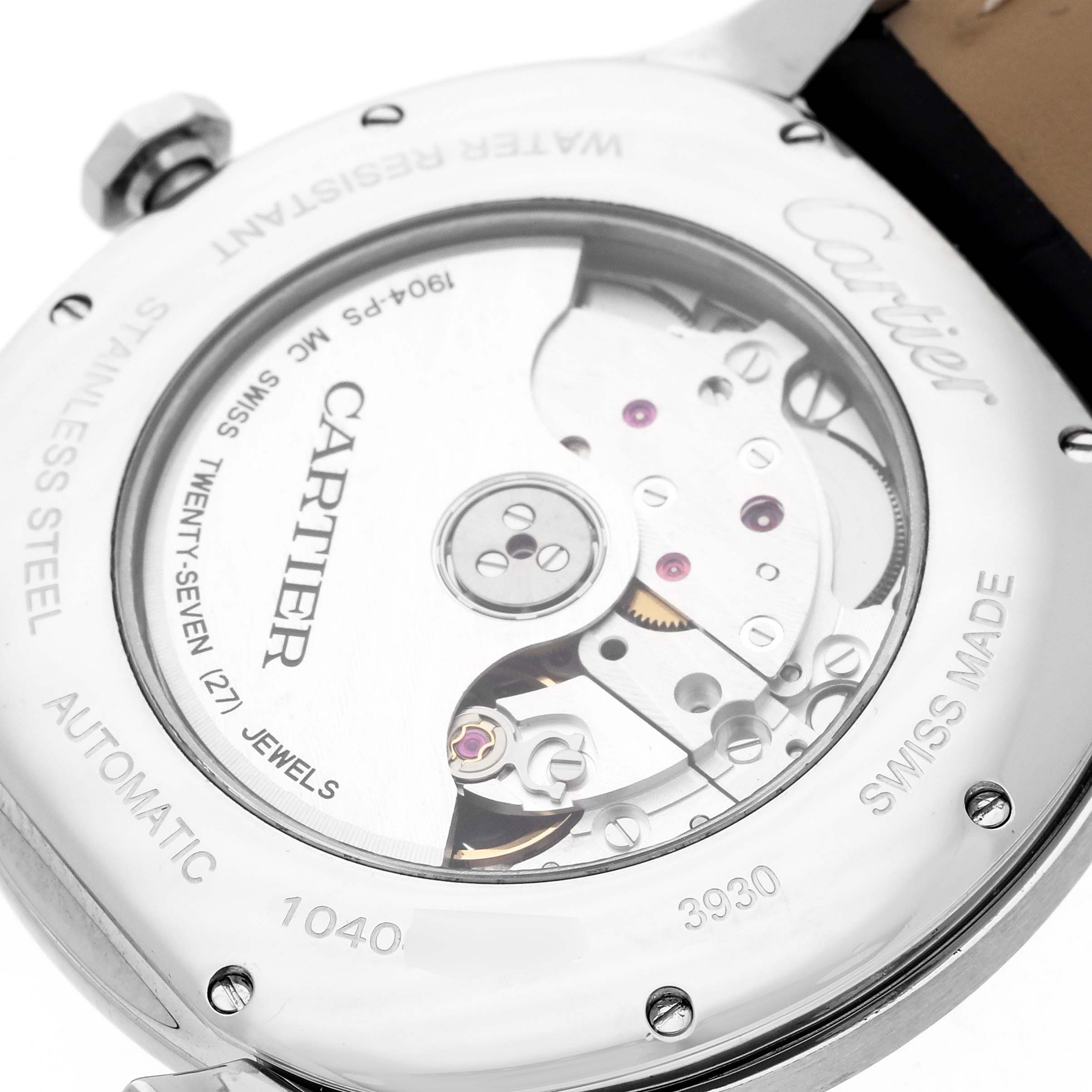 The image shows the back of the Drive de Cartier watch, featuring its automatic movement and transparent case back.