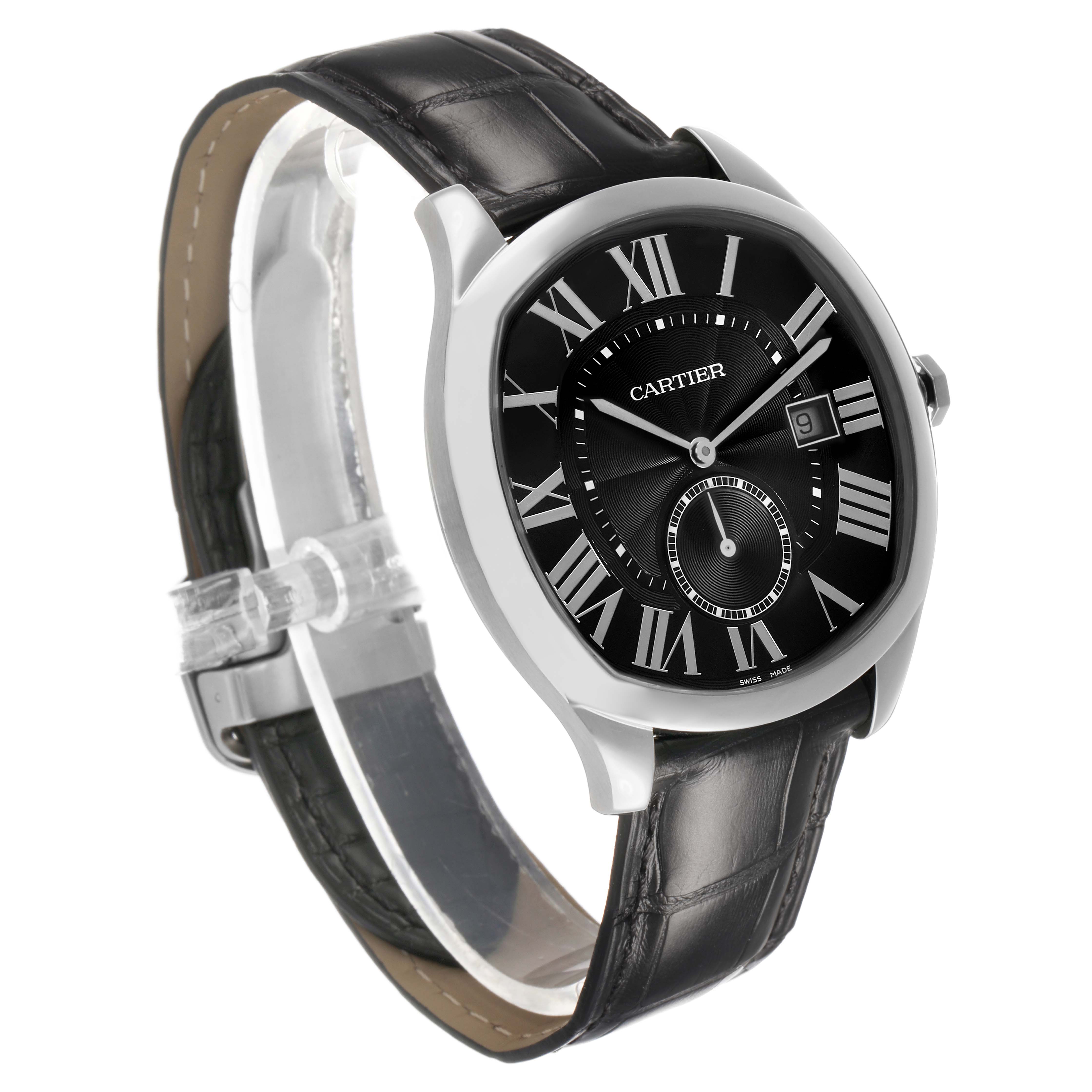 The Drive de Cartier watch is shown at a slightly tilted angle, displaying the face, Roman numerals, case, and black leather strap.