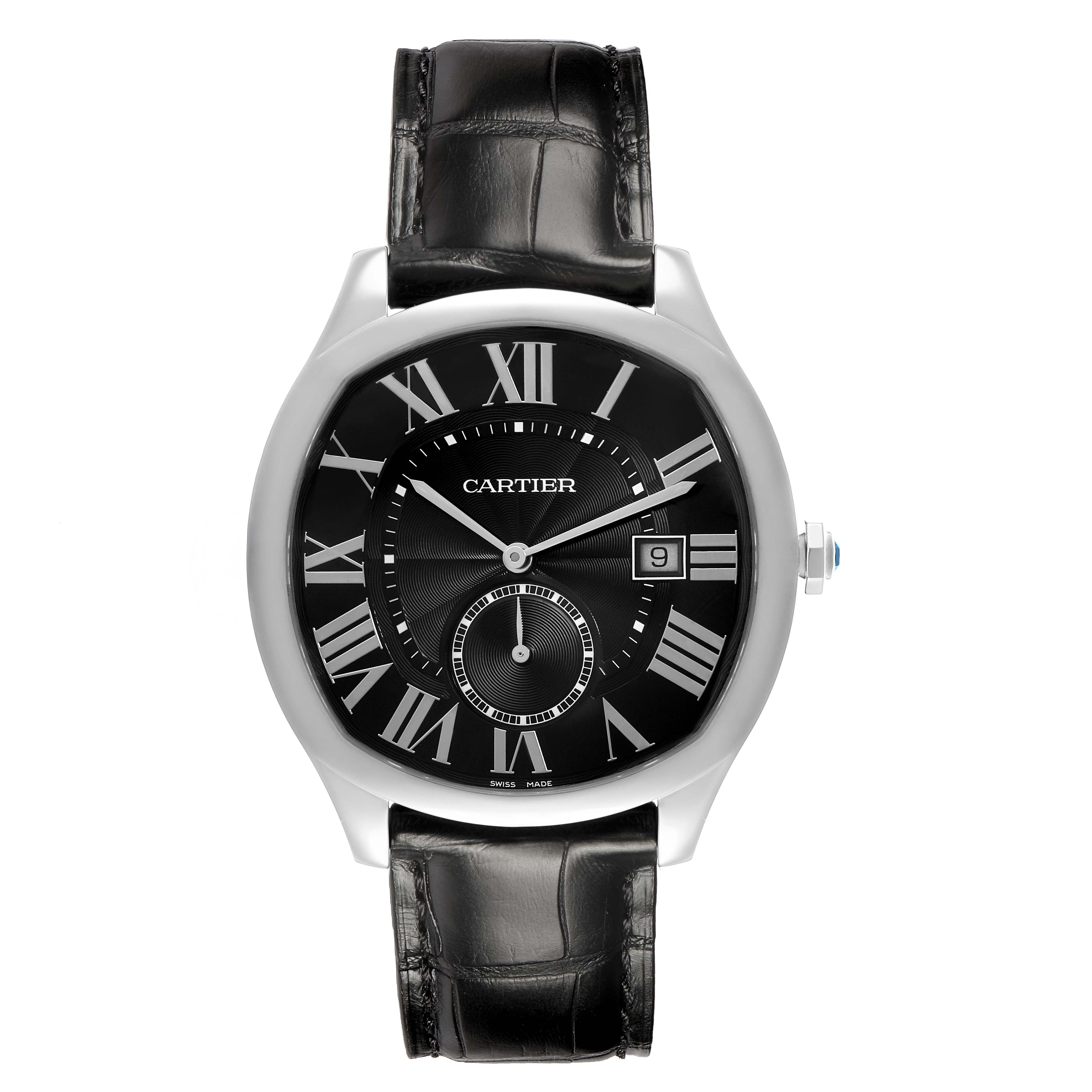 The Drive de Cartier watch by Cartier is shown from the front, featuring its dial, case, crown, and leather strap.