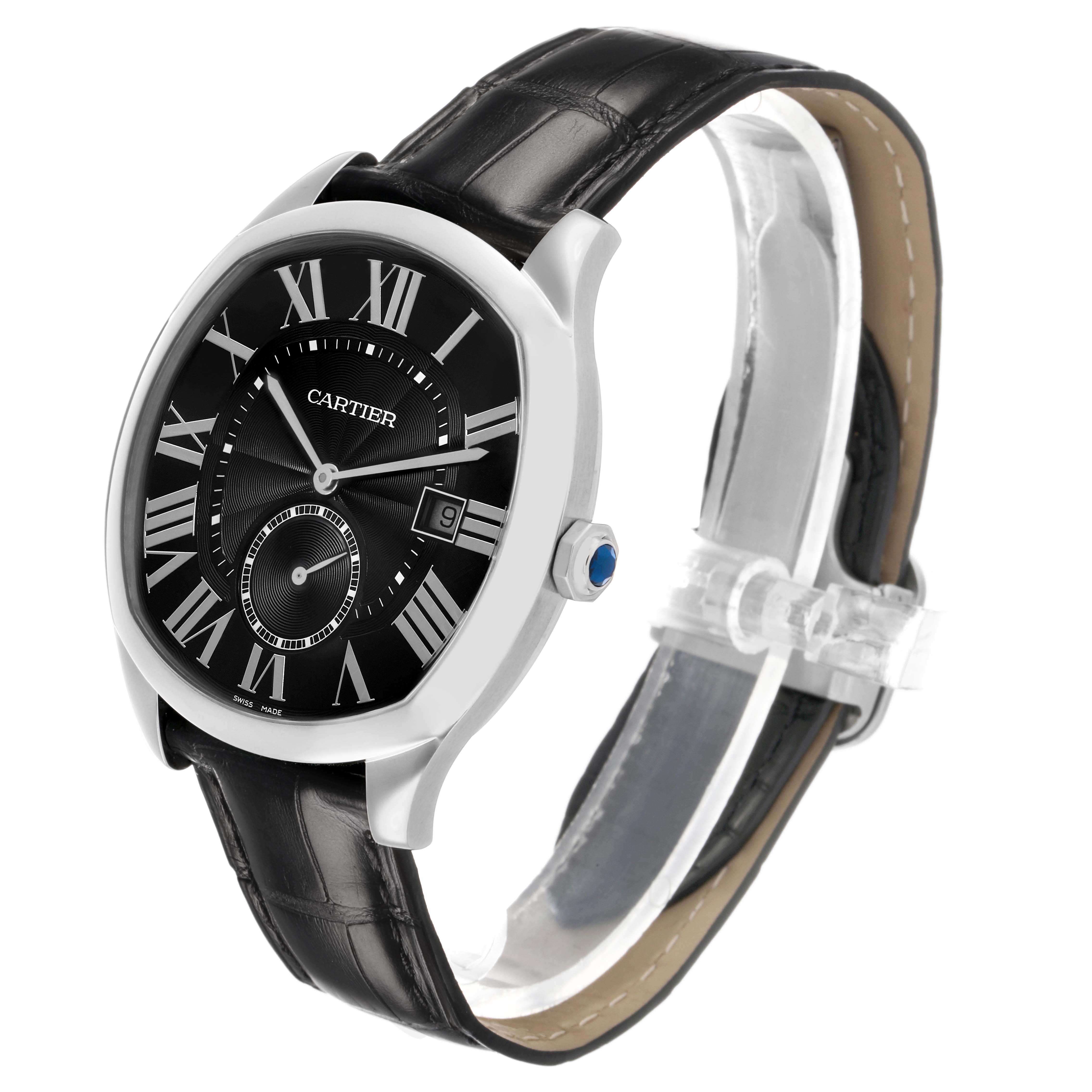 The Drive de Cartier watch is shown at a three-quarter angle, displaying the black dial, Roman numerals, sub-dial, date window, and crown.