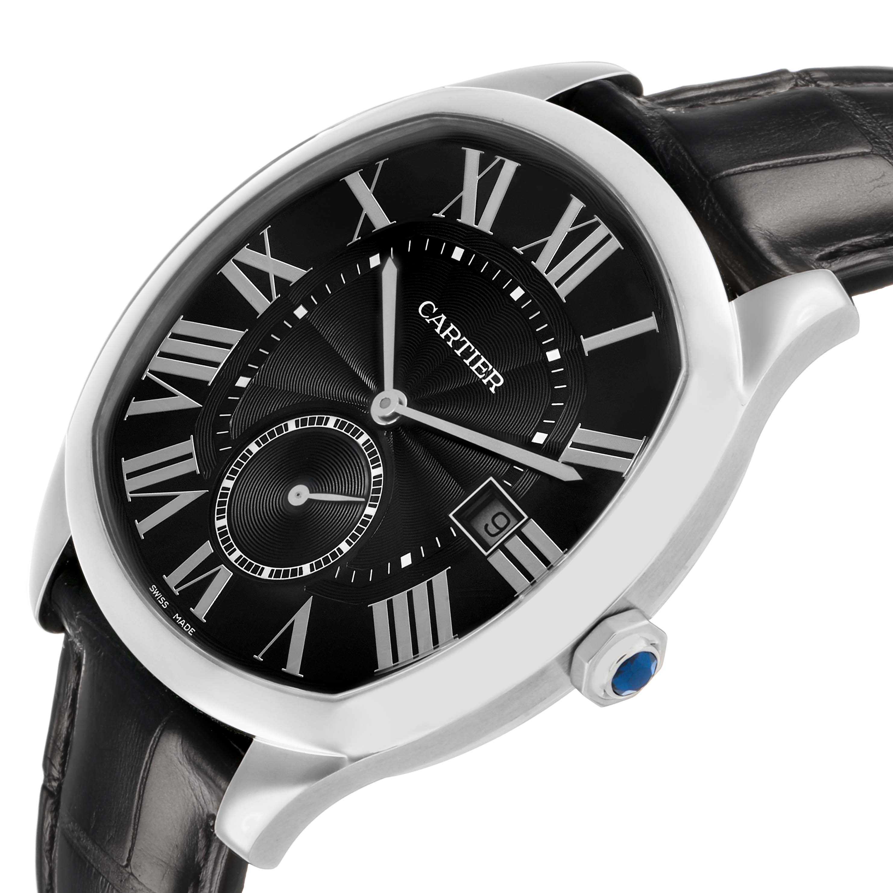 The Drive de Cartier watch is shown at an angled view, highlighting the black dial, Roman numerals, date window, and leather strap.