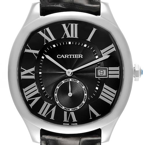 The Drive de Cartier watch by Cartier is shown from the front, highlighting the face, dial, date window, and crown.