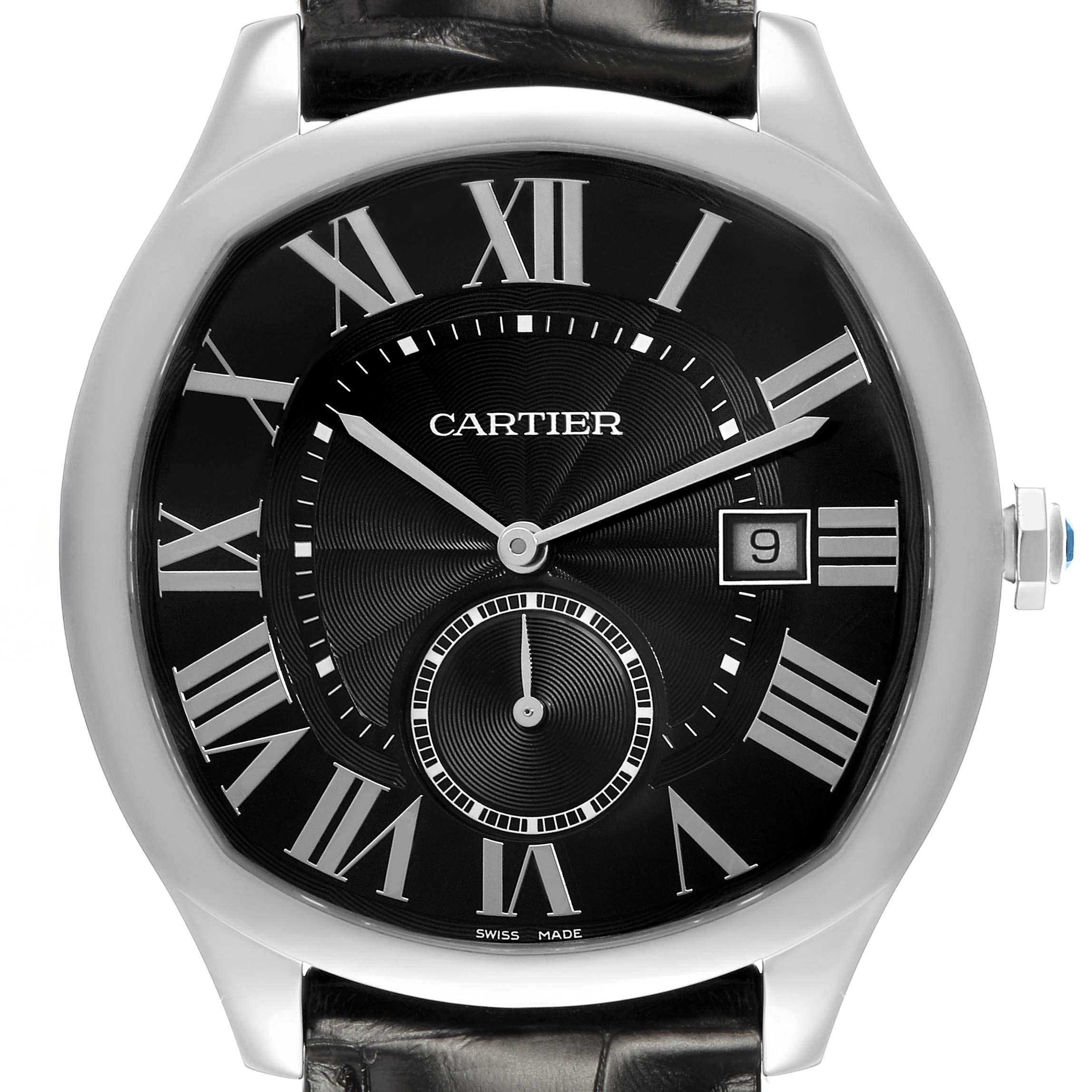 The Drive de Cartier watch is shown from the front, highlighting its black dial, Roman numerals, and date function.