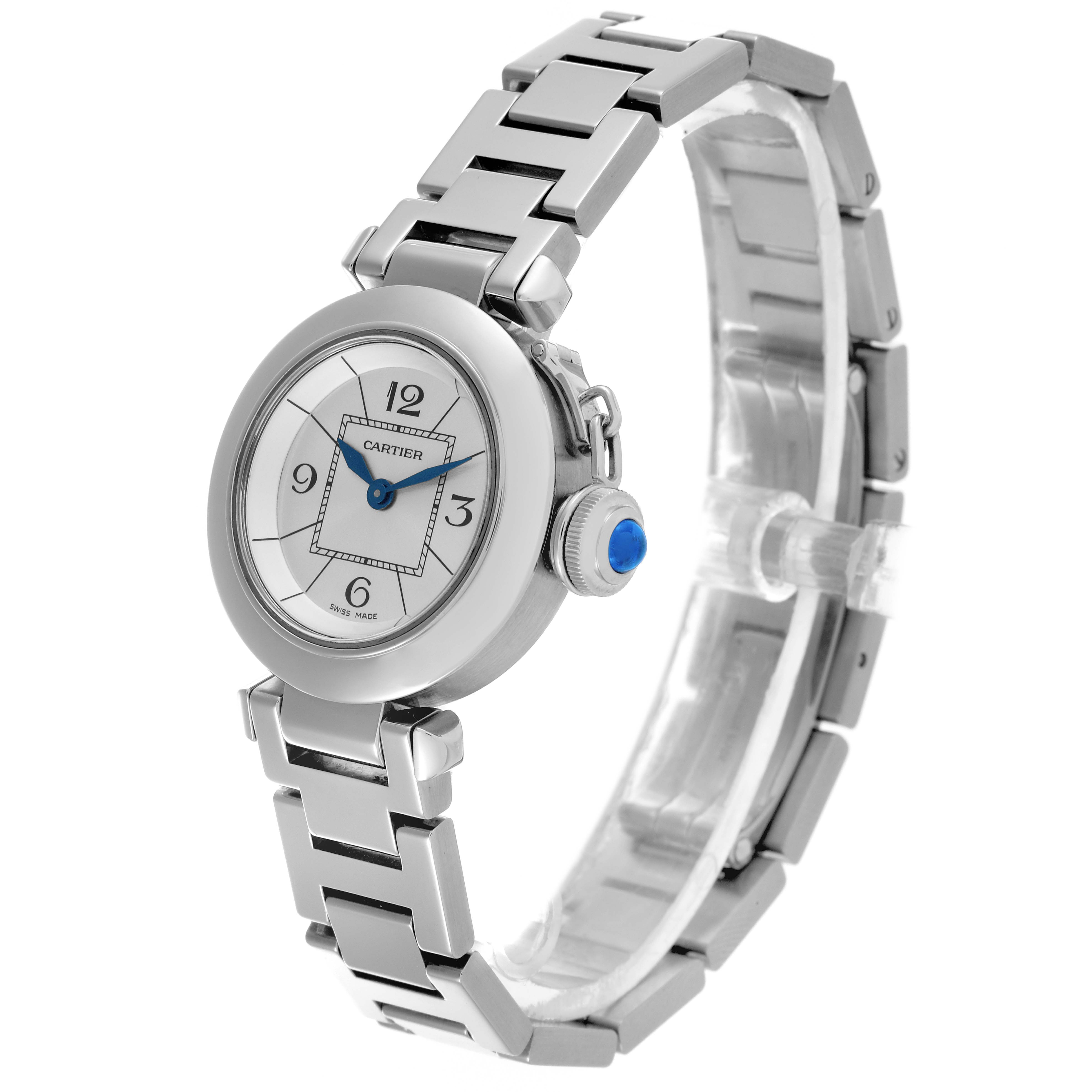 The Cartier Pasha W3140007 Women
s Stainless Steel Silver Dial W3140007 Women
s Stainless Steel Silver Dial watch is shown at a 3/4 angle highlighting the face, crown, and stainless steel bracelet.