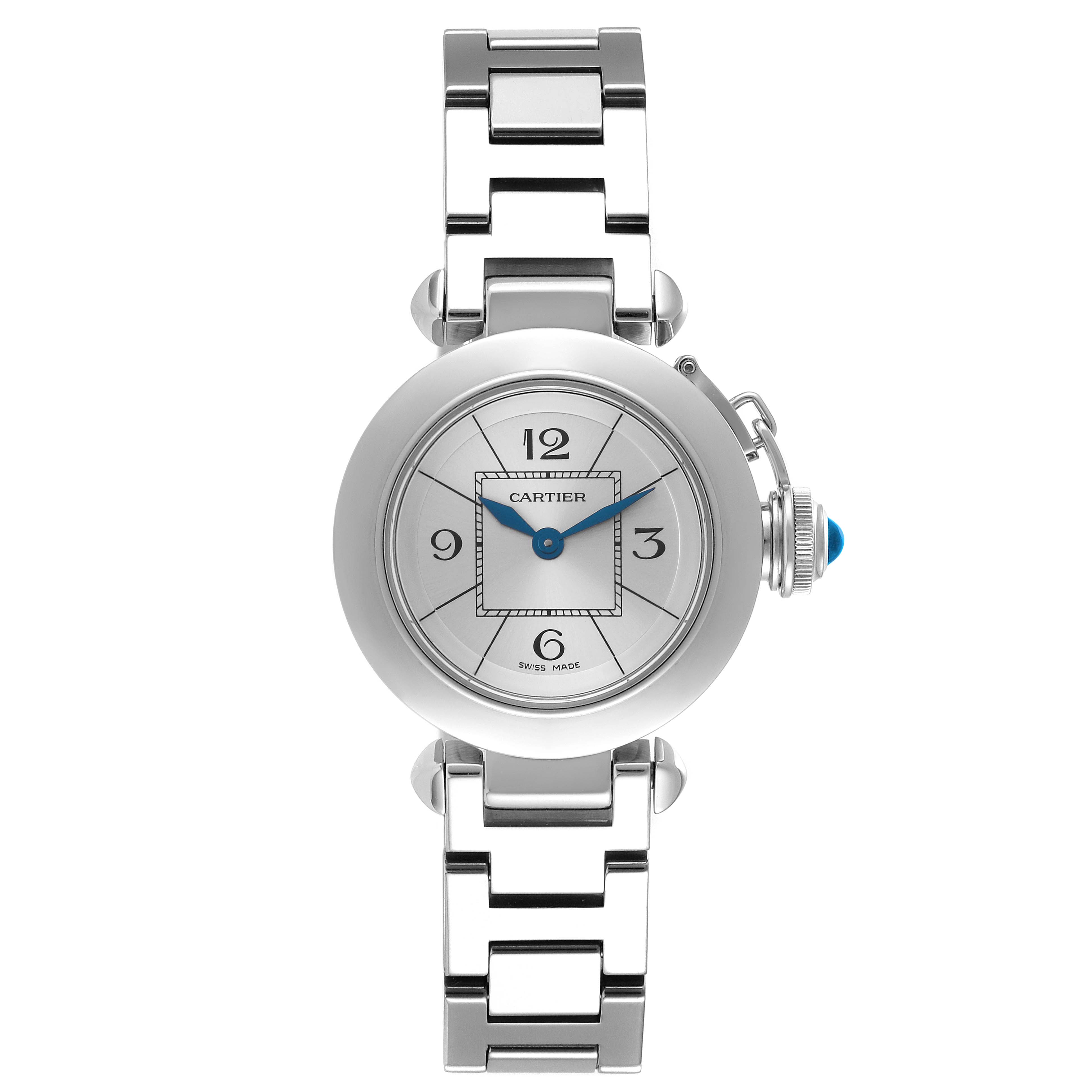 The Cartier Pasha W3140007 Women
s Stainless Steel Silver Dial W3140007 Women
s Stainless Steel Silver Dial watch is shown from a front angle, highlighting the face, bezel, bracelet, and crown.