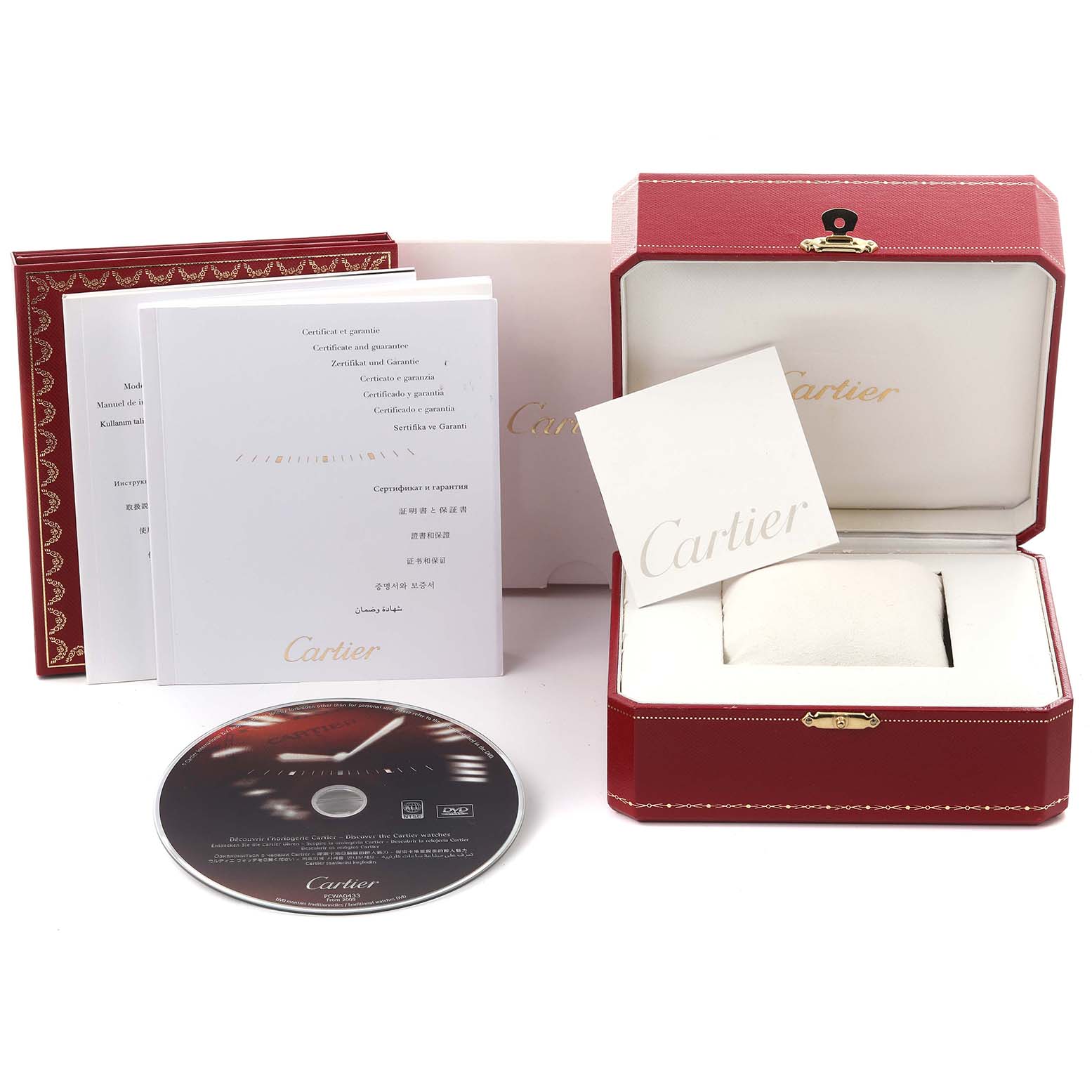 The image shows the Cartier Pasha W3140007 Women
s Stainless Steel Silver Dial W3140007 Women
s Stainless Steel Silver Dial watch packaging, including a box, manuals, and a CD, viewed from the front.