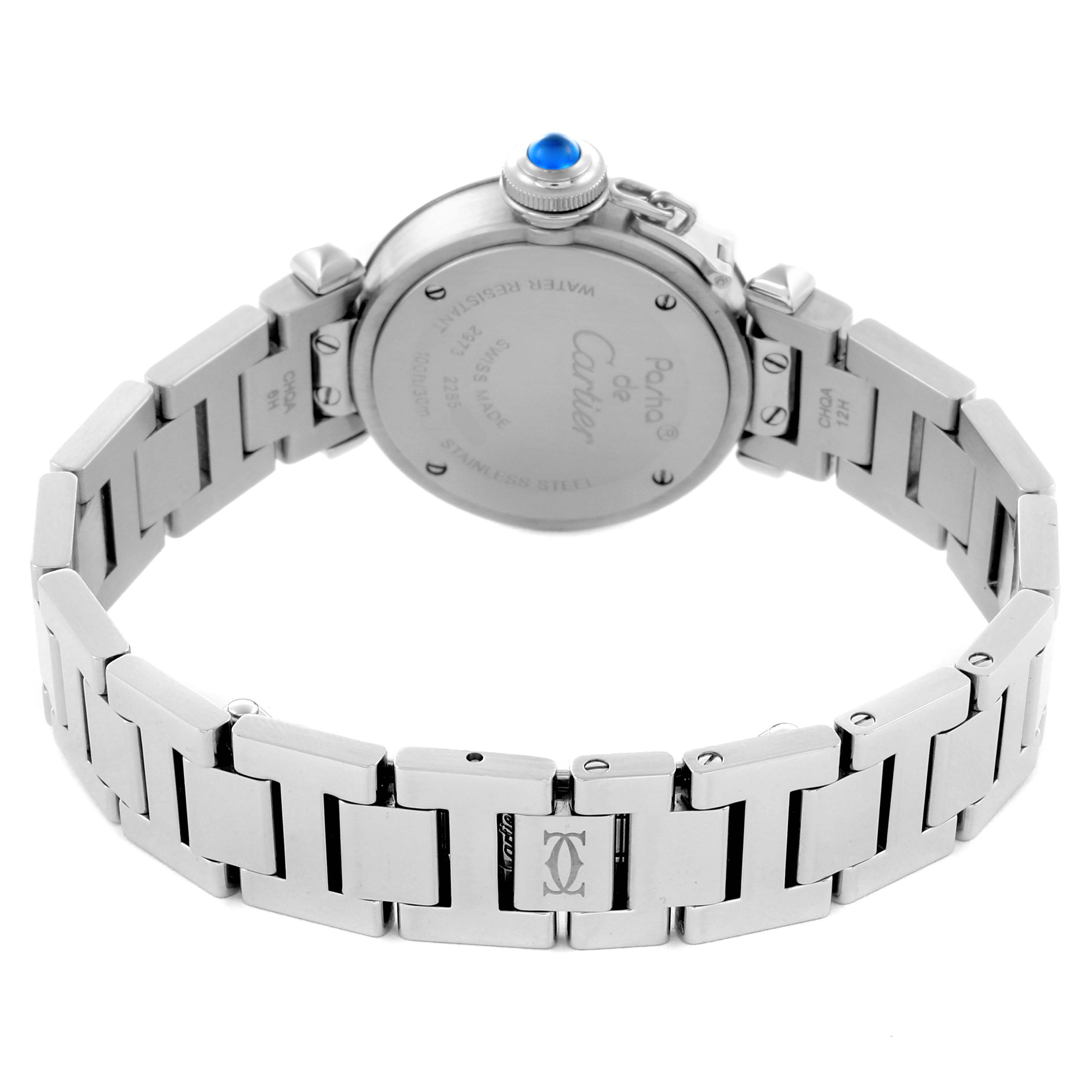 The image shows the back case and bracelet of the Cartier Pasha W3140007 Women
s Stainless Steel Silver Dial W3140007 Women
s Stainless Steel Silver Dial watch.