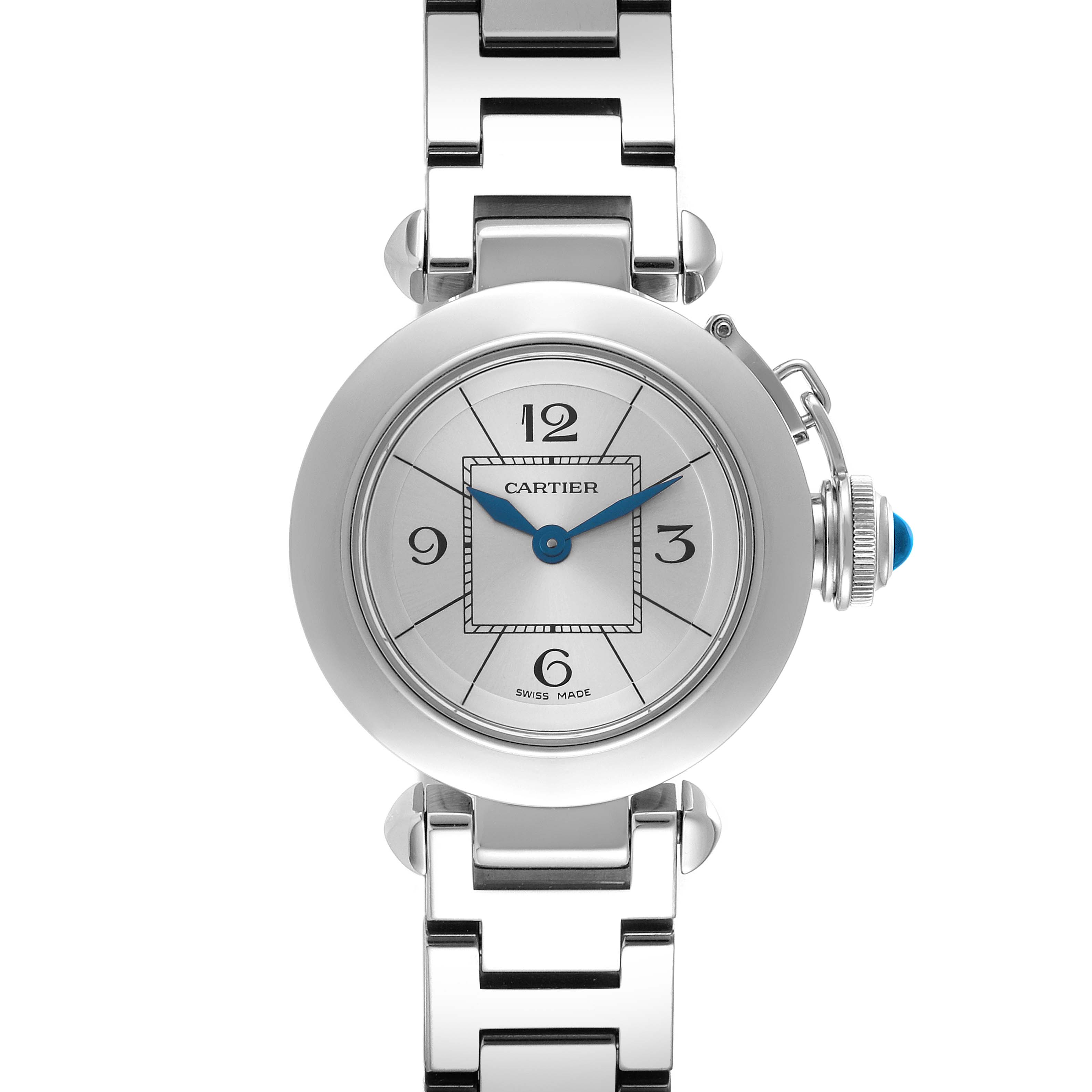 The Cartier Pasha W3140007 Women
s Stainless Steel Silver Dial W3140007 Women
s Stainless Steel Silver Dial watch is shown from a straight-on angle, highlighting the dial, bracelet, and crown detail.