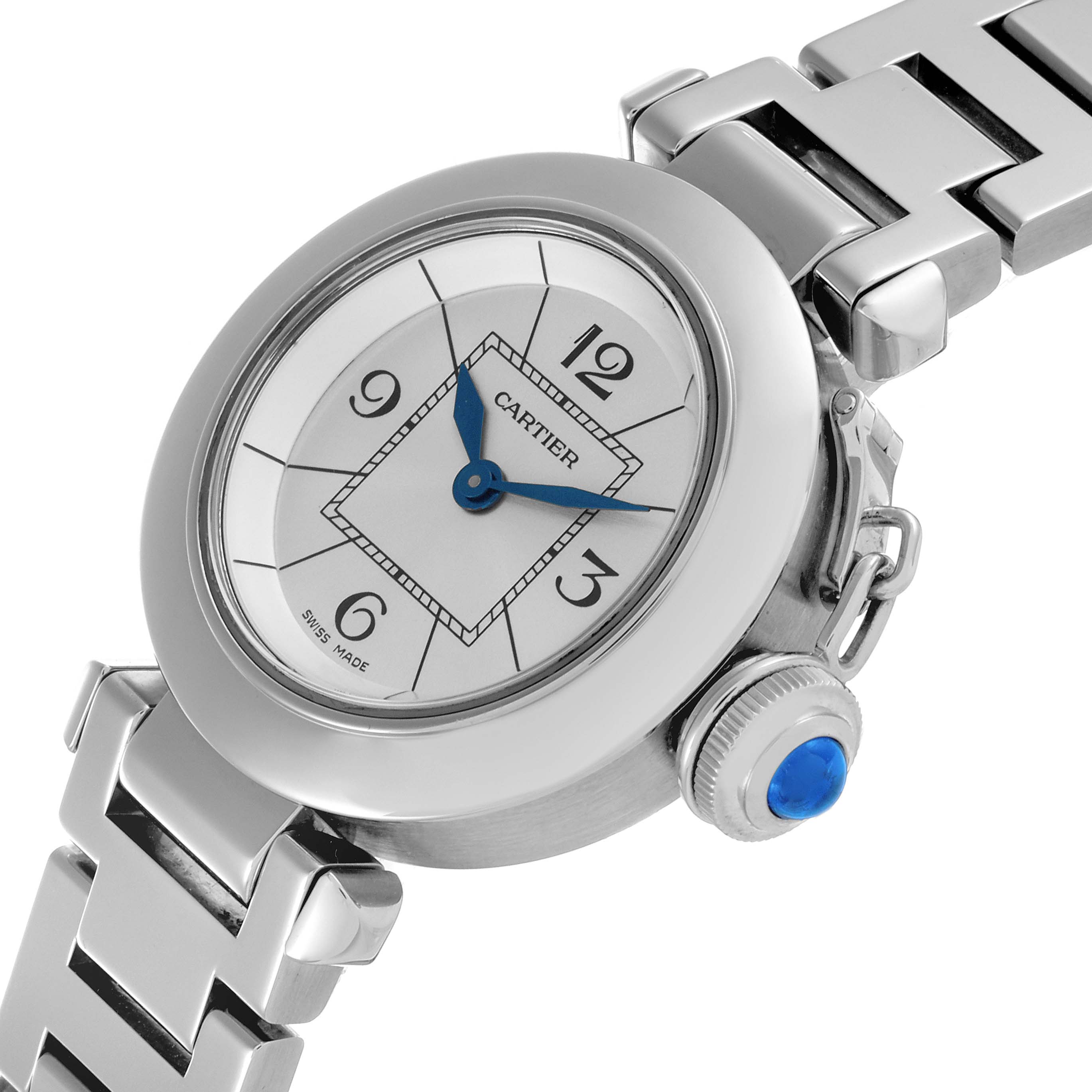 The image shows a close-up angle of the Cartier Pasha W3140007 Women
s Stainless Steel Silver Dial W3140007 Women
s Stainless Steel Silver Dial watch, displaying the face, crown, and part of the bracelet.