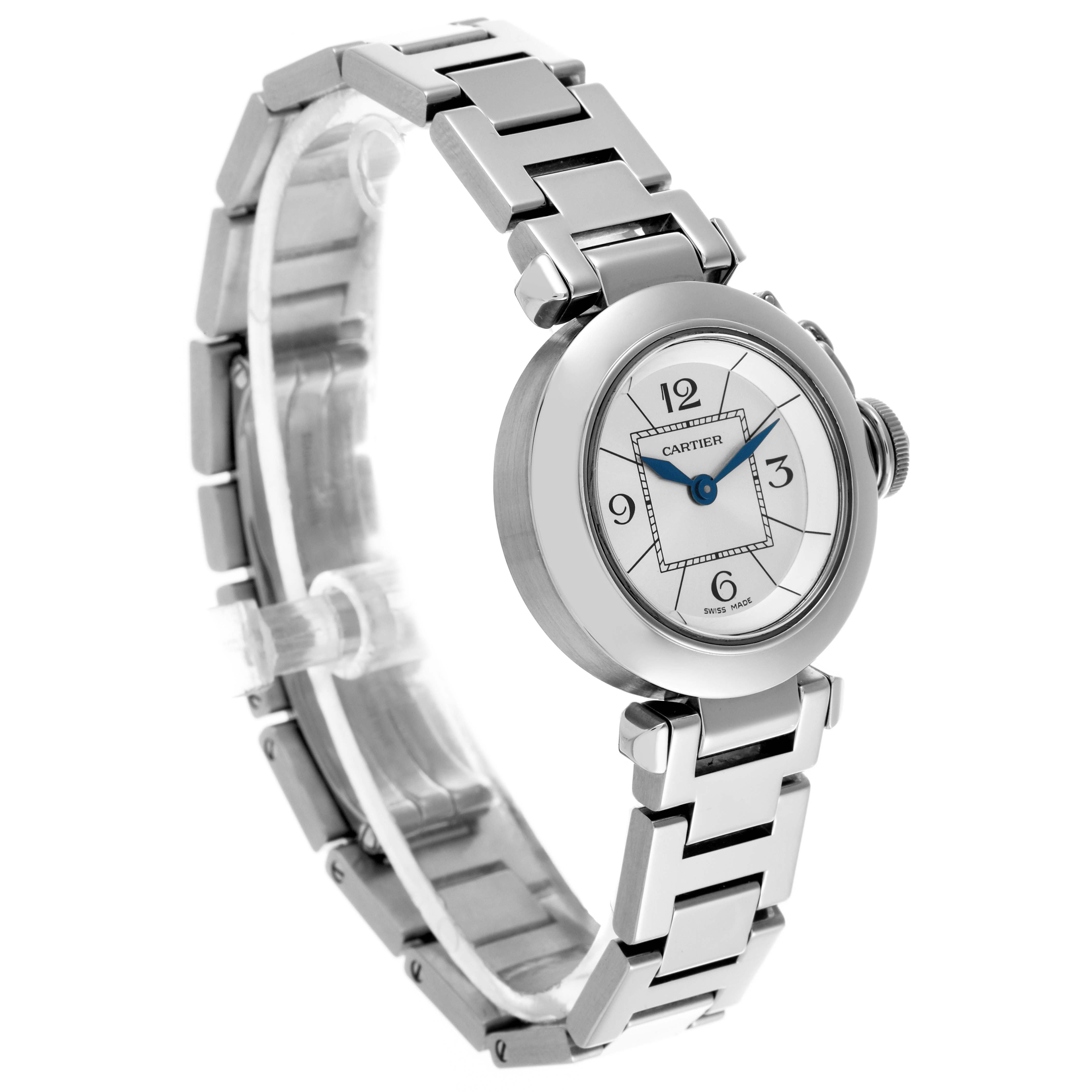 The Cartier Pasha W3140007 Women
s Stainless Steel Silver Dial W3140007 Women
s Stainless Steel Silver Dial watch is shown from a front angle displaying the face, bracelet, and crown.
