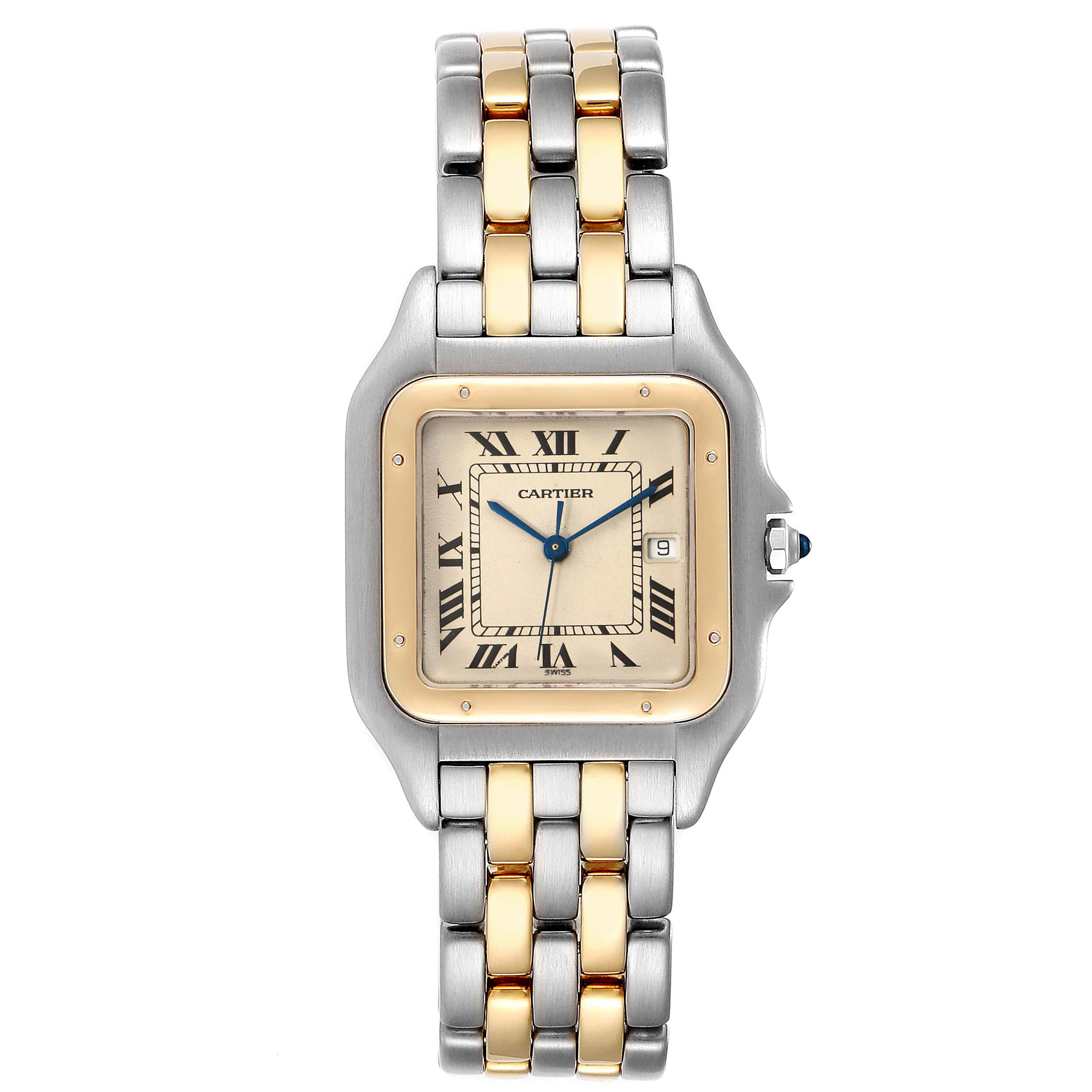 The image shows a front view of the Cartier Panthere 187957 Men's Steel and Gold (two tone) Silver Dial 187957 Men's Steel and Gold (two tone) Silver Dial watch, highlighting its gold and silver bracelet and square dial with Roman numerals.