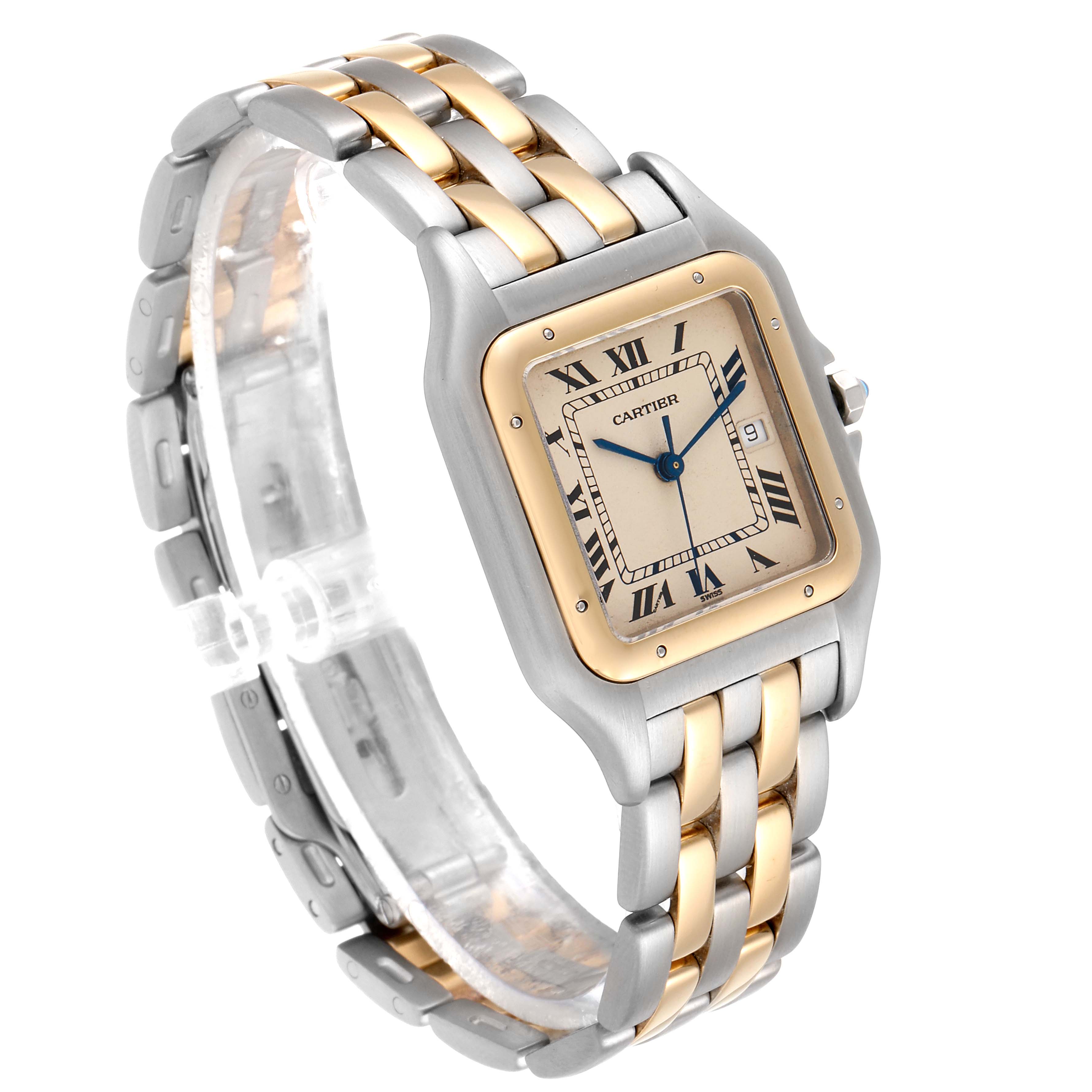 The image shows a Cartier Panthere 187957 Men's Steel and Gold (two tone) Silver Dial 187957 Men's Steel and Gold (two tone) Silver Dial watch at a three-quarter angle, highlighting the two-tone band and square face with Roman numerals.