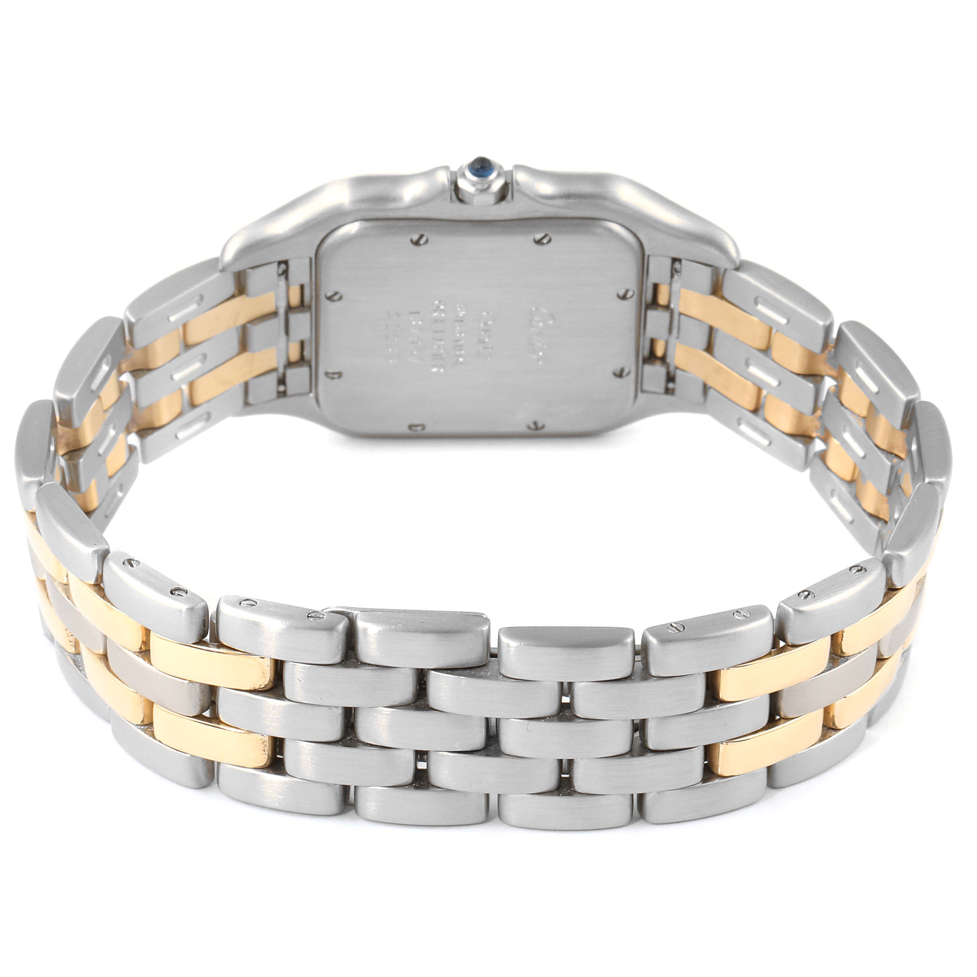 This image shows the backside of a Cartier Panthere 187957 Men's Steel and Gold (two tone) Silver Dial 187957 Men's Steel and Gold (two tone) Silver Dial watch, highlighting its two-toned metal bracelet and clasp.