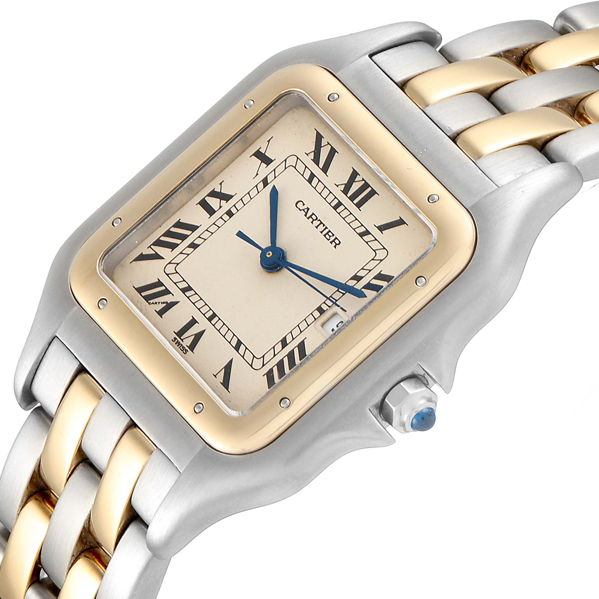 This image shows a Cartier Panthere 187957 Men's Steel and Gold (two tone) Silver Dial 187957 Men's Steel and Gold (two tone) Silver Dial watch from a slightly angled view, highlighting its face, crown, and part of the band.