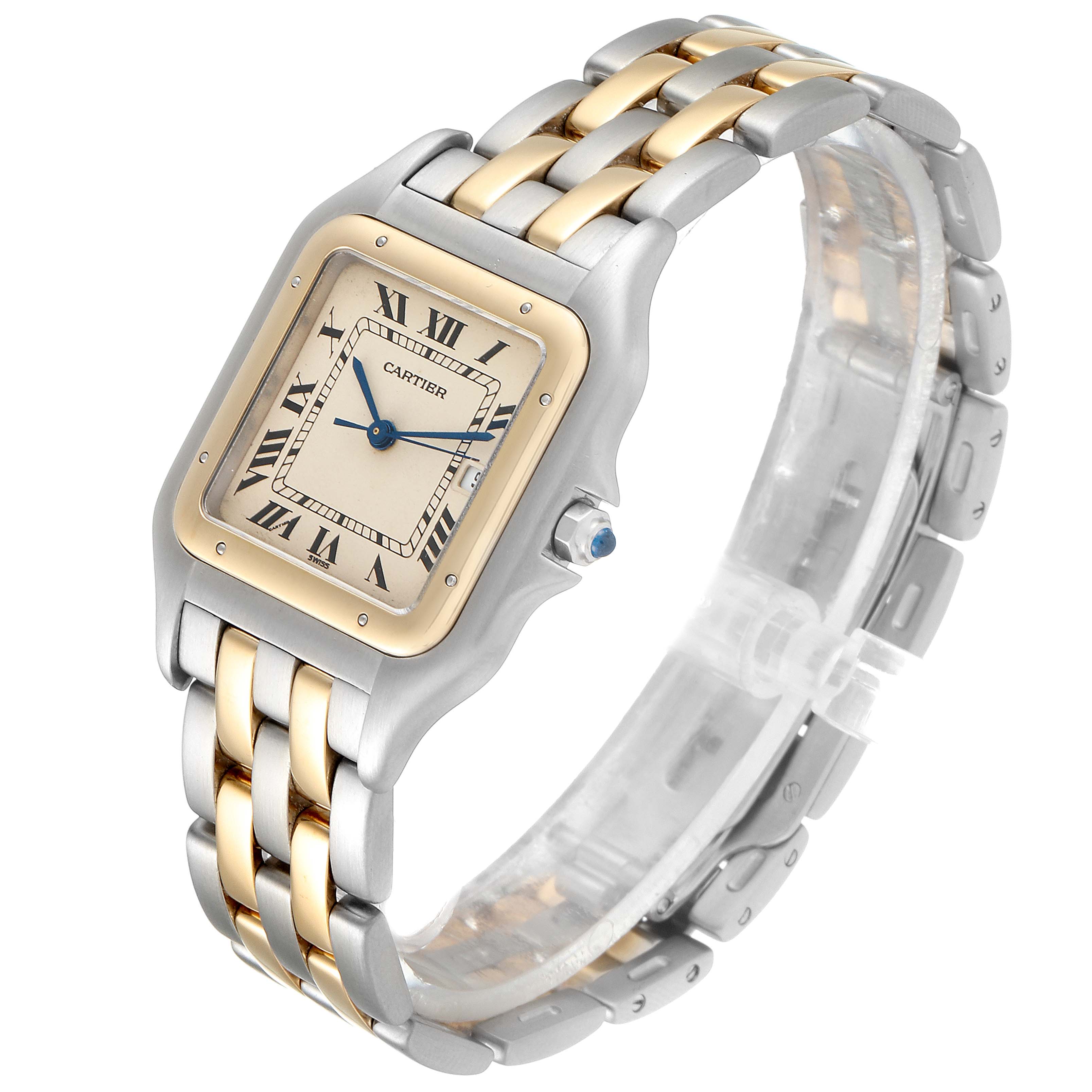 The Cartier Panthere 187957 Men's Steel and Gold (two tone) Silver Dial 187957 Men's Steel and Gold (two tone) Silver Dial watch is shown at a three-quarter angle, displaying its face, bezel, and two-tone metal bracelet.