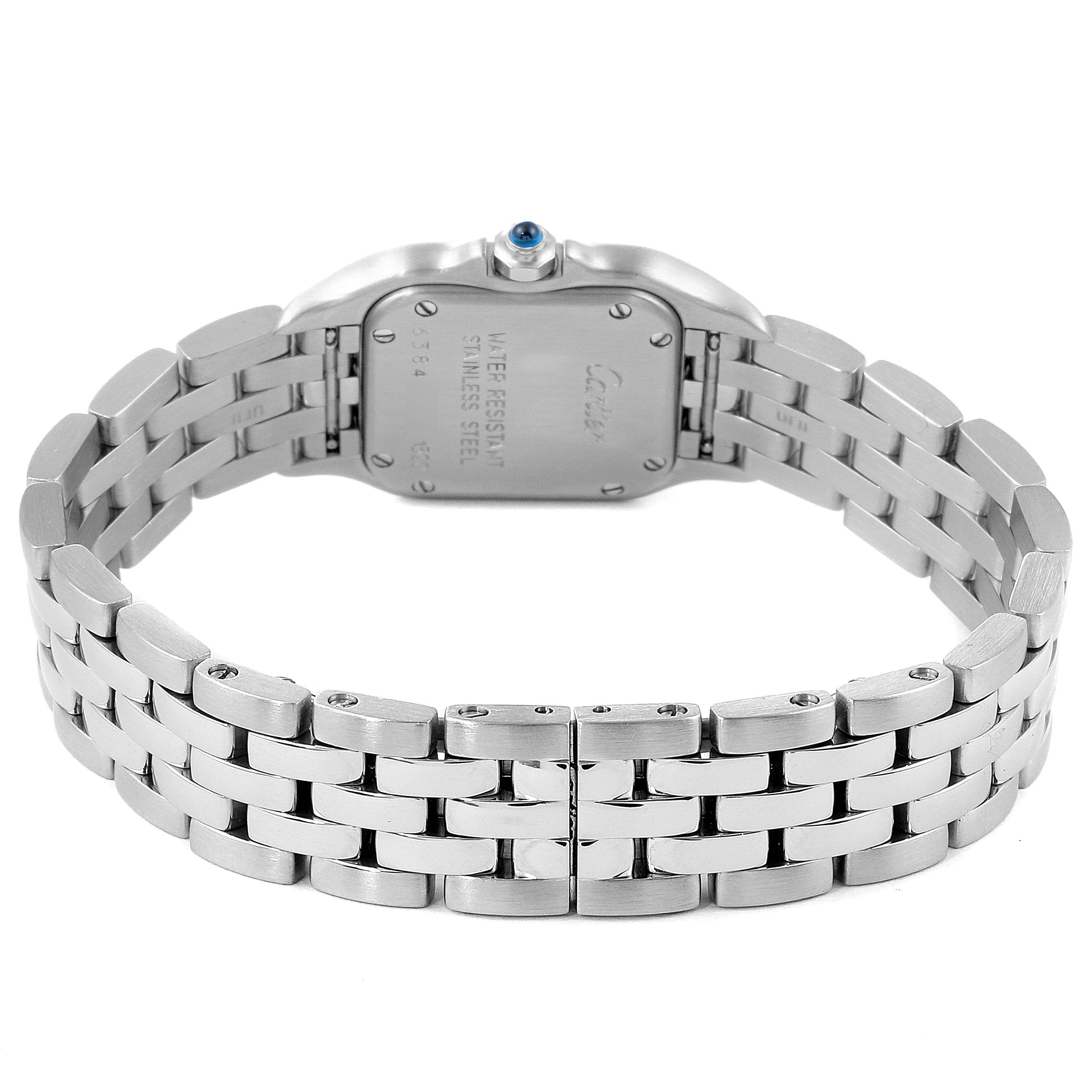 The image shows the back view of a Cartier Panthere W25033P5 Women
s Stainless Steel Silver Dial W25033P5 Women
s Stainless Steel Silver Dial model watch, highlighting its stainless steel bracelet and case back.