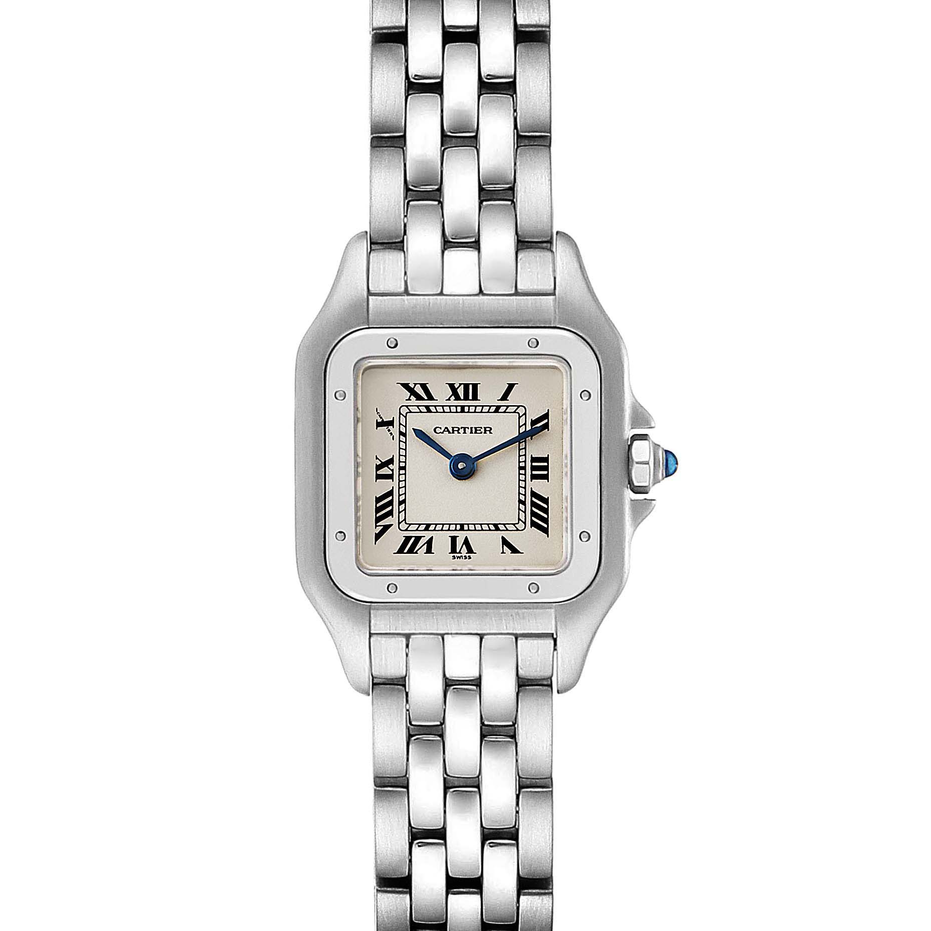 The image shows a front view of the Cartier Panthere W25033P5 Women
s Stainless Steel Silver Dial W25033P5 Women
s Stainless Steel Silver Dial watch, highlighting its square dial, Roman numerals, and linked bracelet.