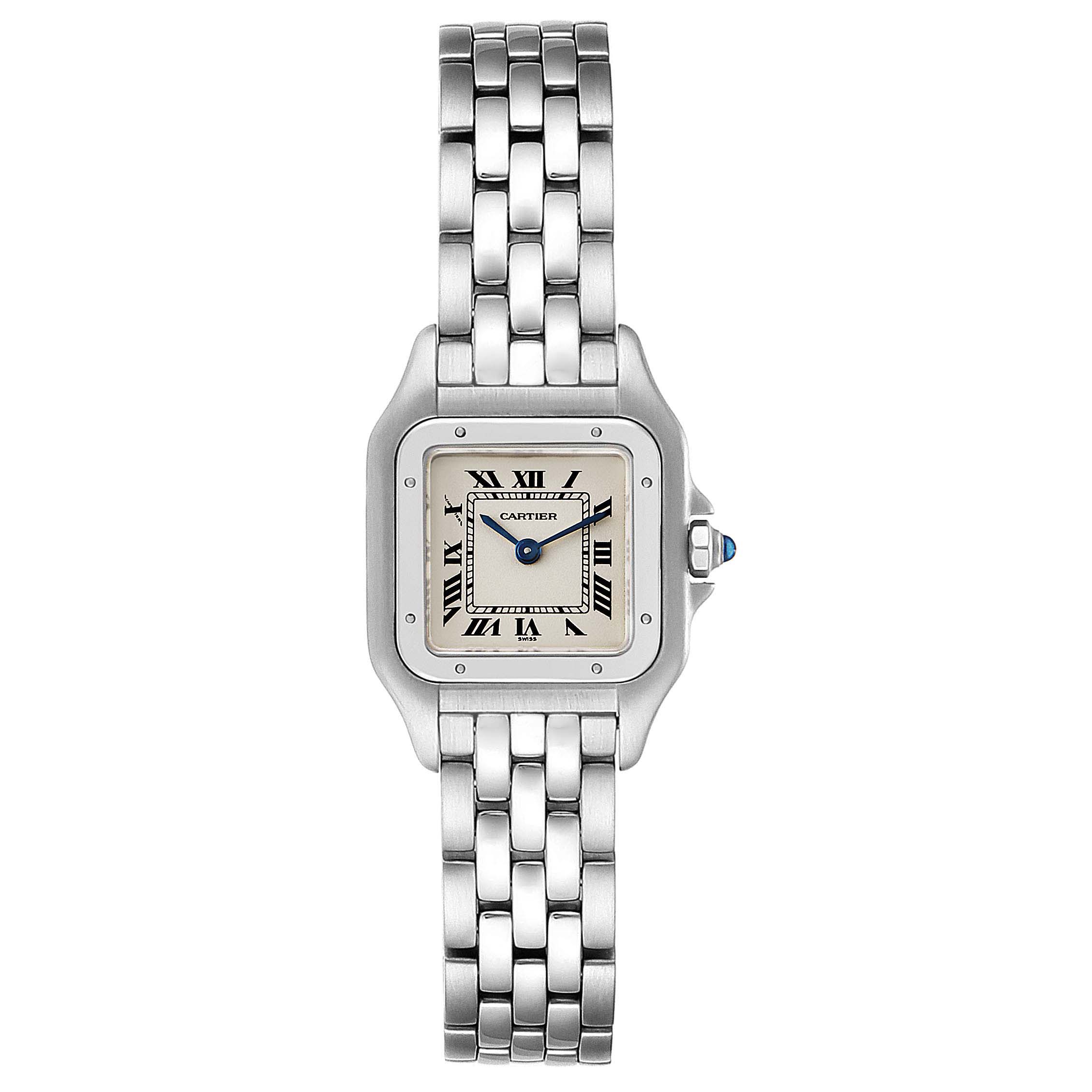The image shows a Cartier Panthere W25033P5 Women
s Stainless Steel Silver Dial W25033P5 Women
s Stainless Steel Silver Dial watch from a frontal angle, displaying the face, bezel, crown, and bracelet.