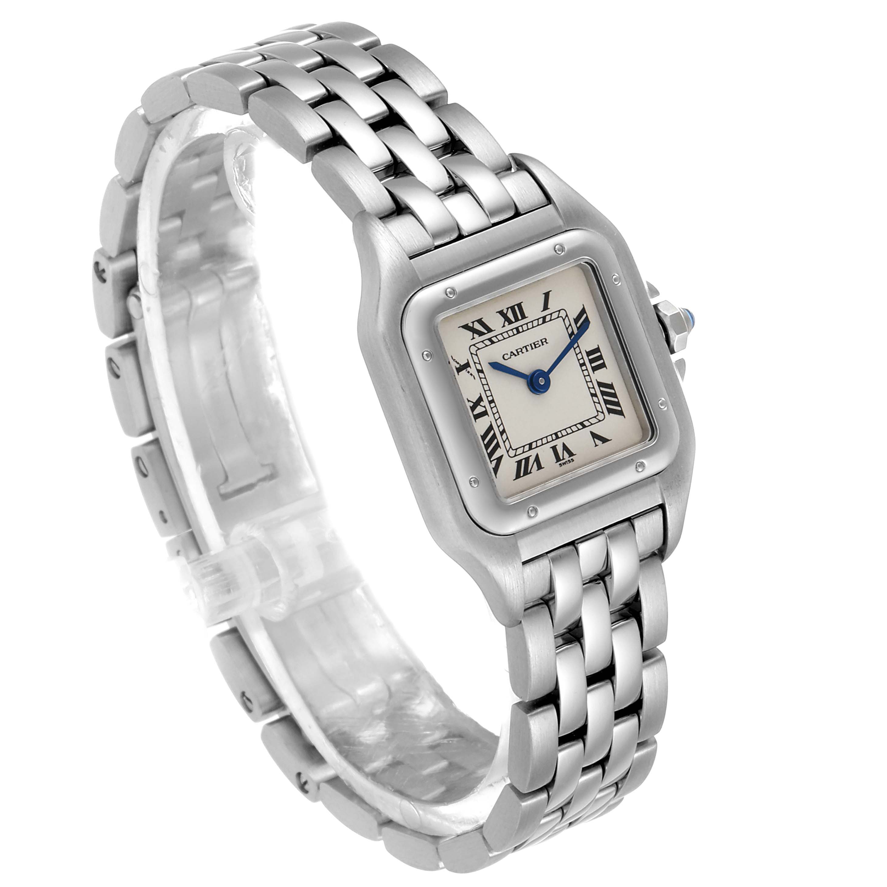 The image shows a Panthère de Cartier watch at a three-quarter angle, displaying its face, bracelet, and crown.