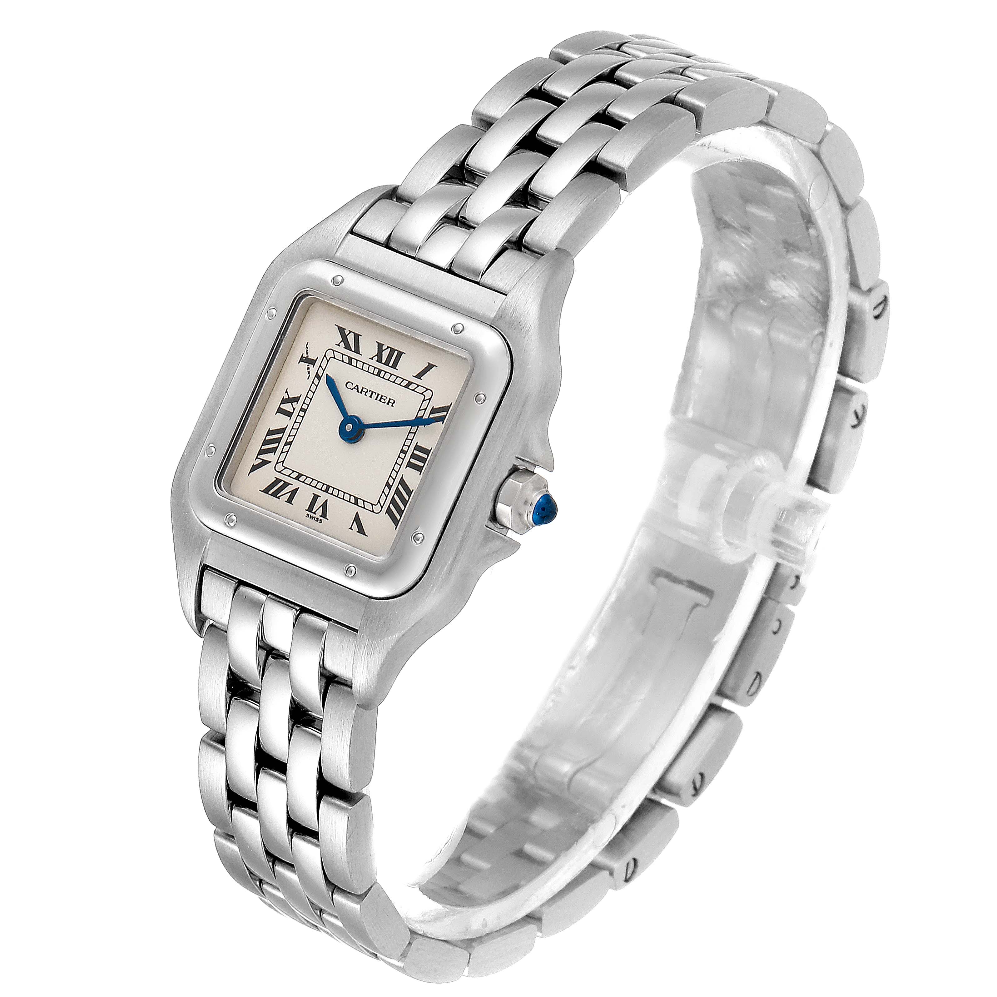 The Panthere model by Cartier is shown at a slight angle, displaying its face, Roman numeral markers, and stainless steel bracelet.